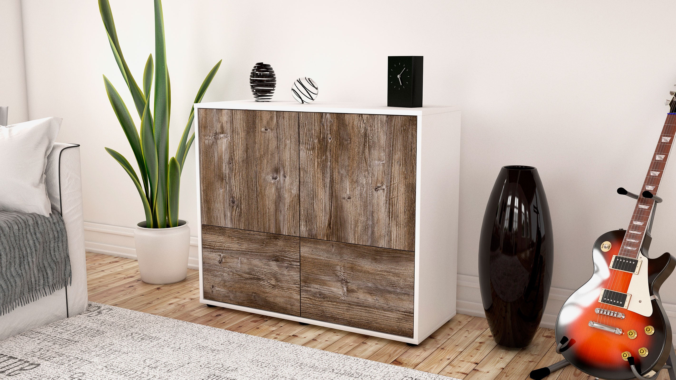 Sideboard - Cara - Design Holzdekor - Freistehend mit Push to open  92 cm Weiss