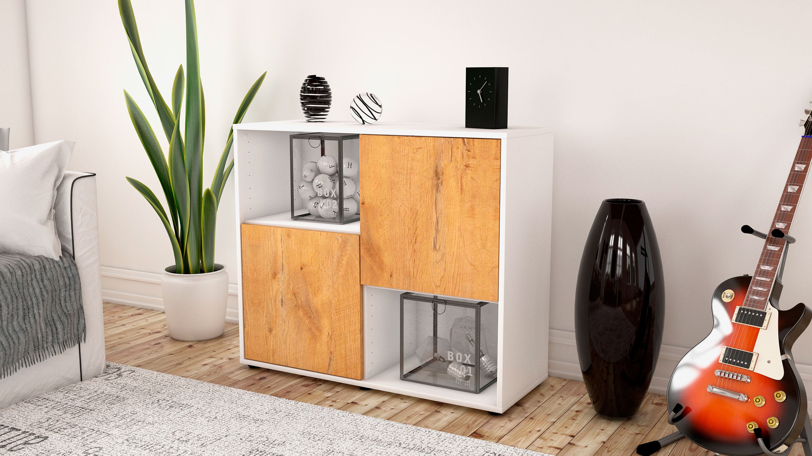 Sideboard - Caralina - Design Holzdekor - Freistehend mit Push to open  92 cm Weiss