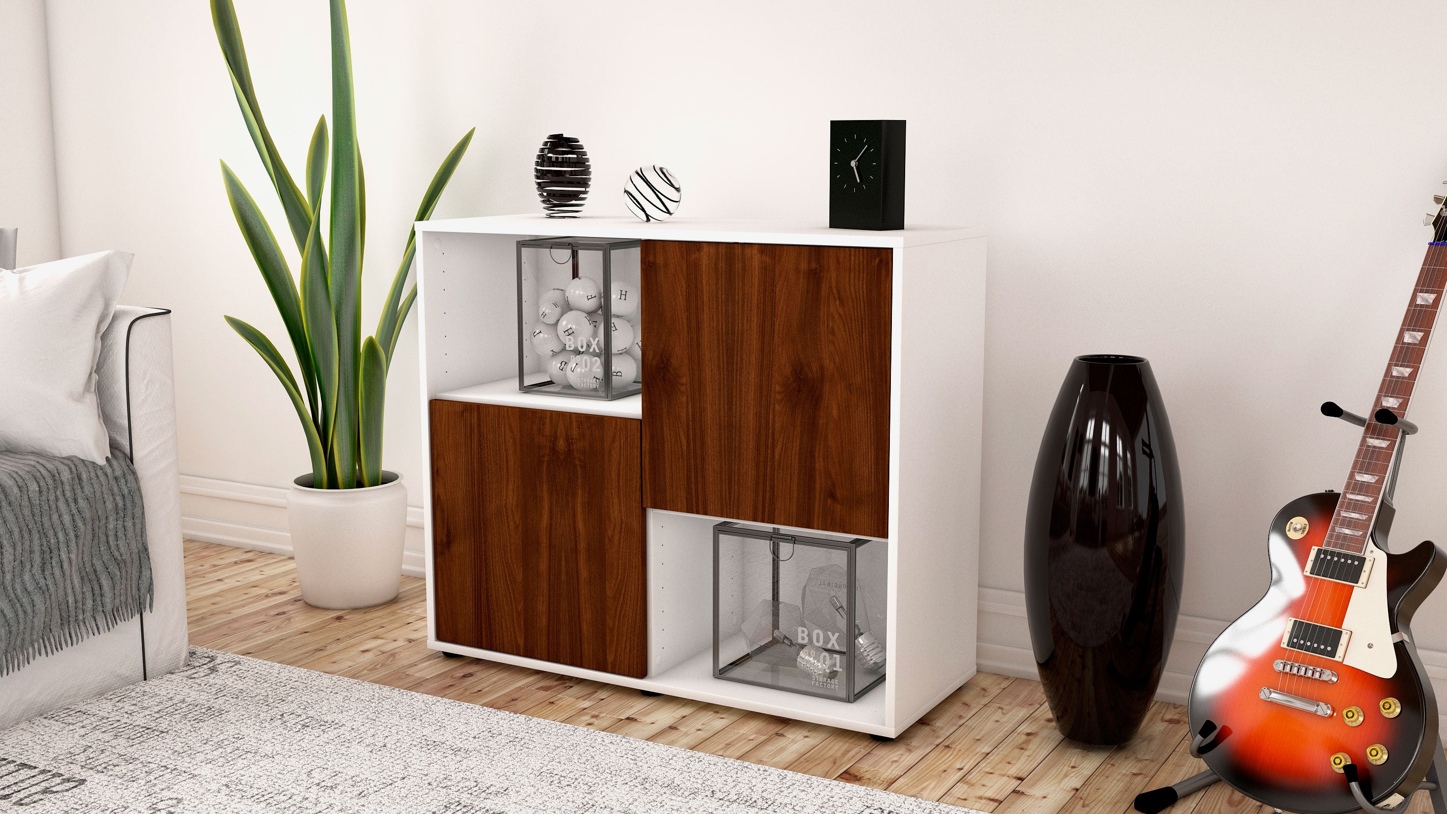 Sideboard - Caralina - Design Holzdekor - Freistehend mit Push to open  92 cm Weiss