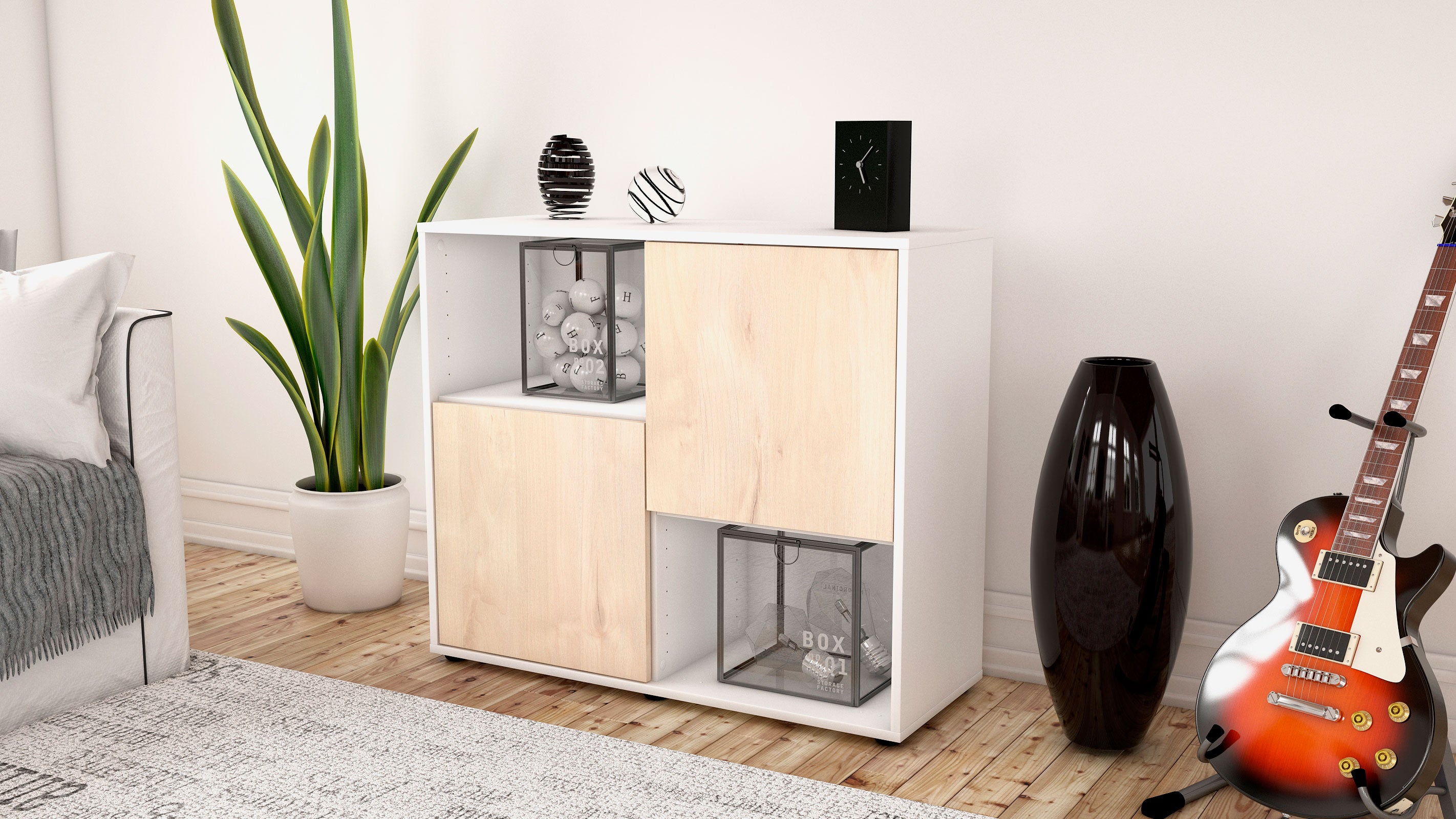 Sideboard - Caralina - Design Holzdekor - Freistehend mit Push to open  92 cm Weiss