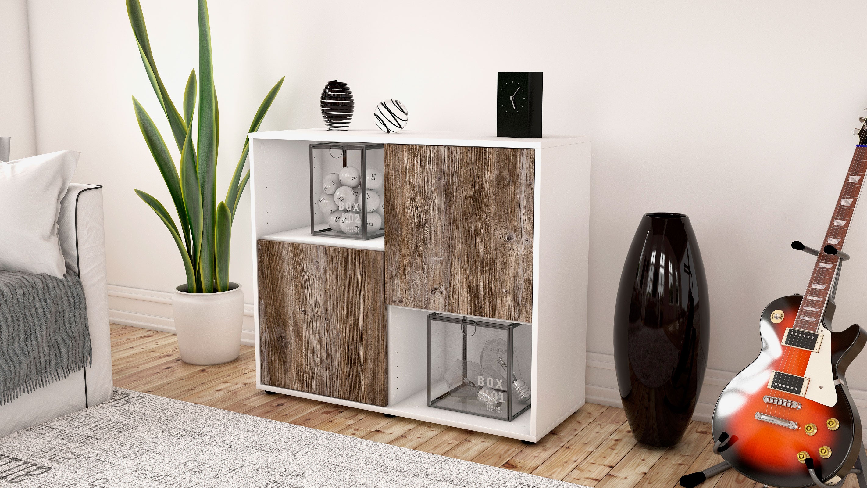 Sideboard - Caralina - Design Holzdekor - Freistehend mit Push to open  92 cm Weiss