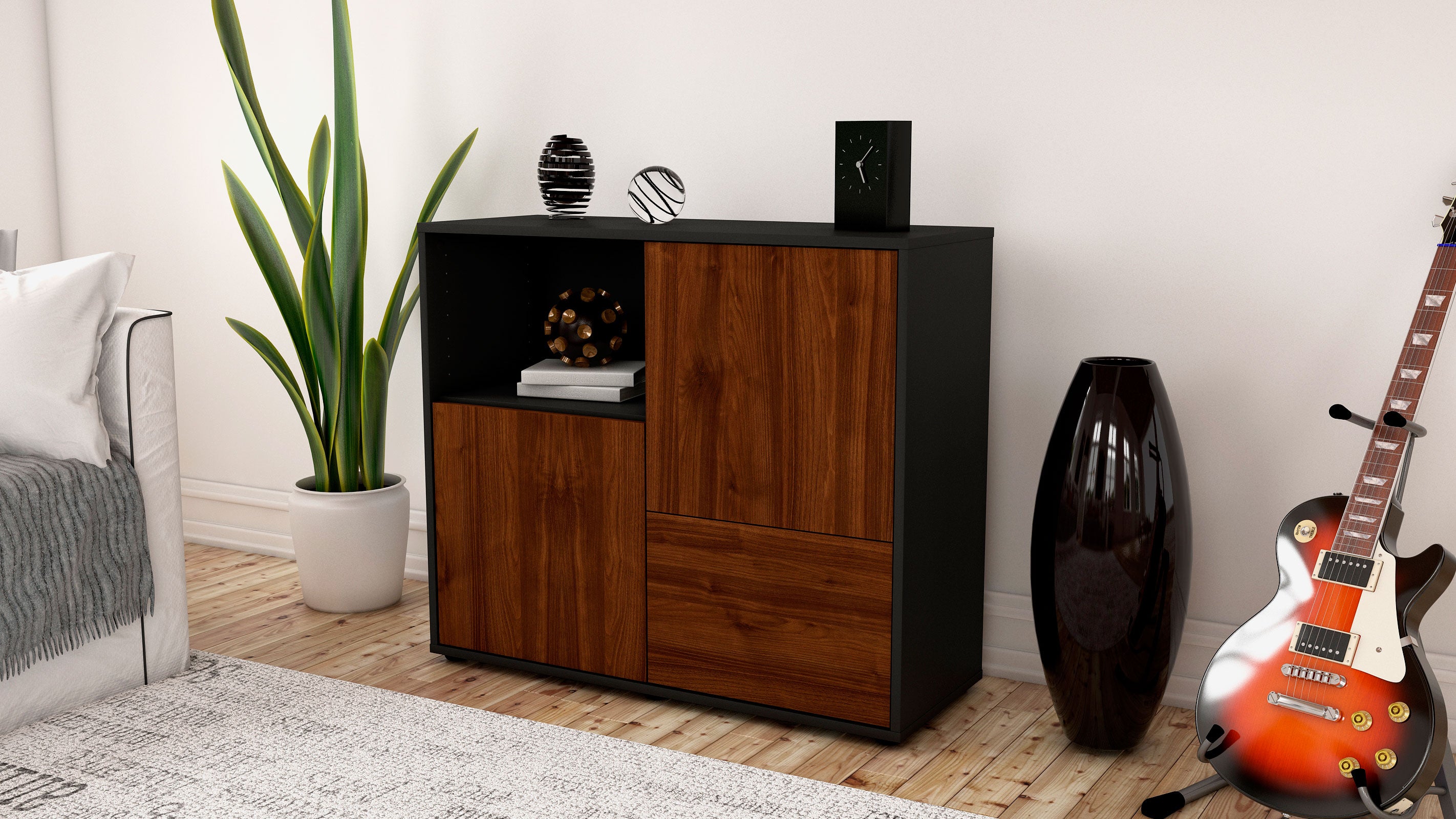 Sideboard - Carina - Design Holzdekor - Freistehend mit Push to open  92 cm Anthrazit