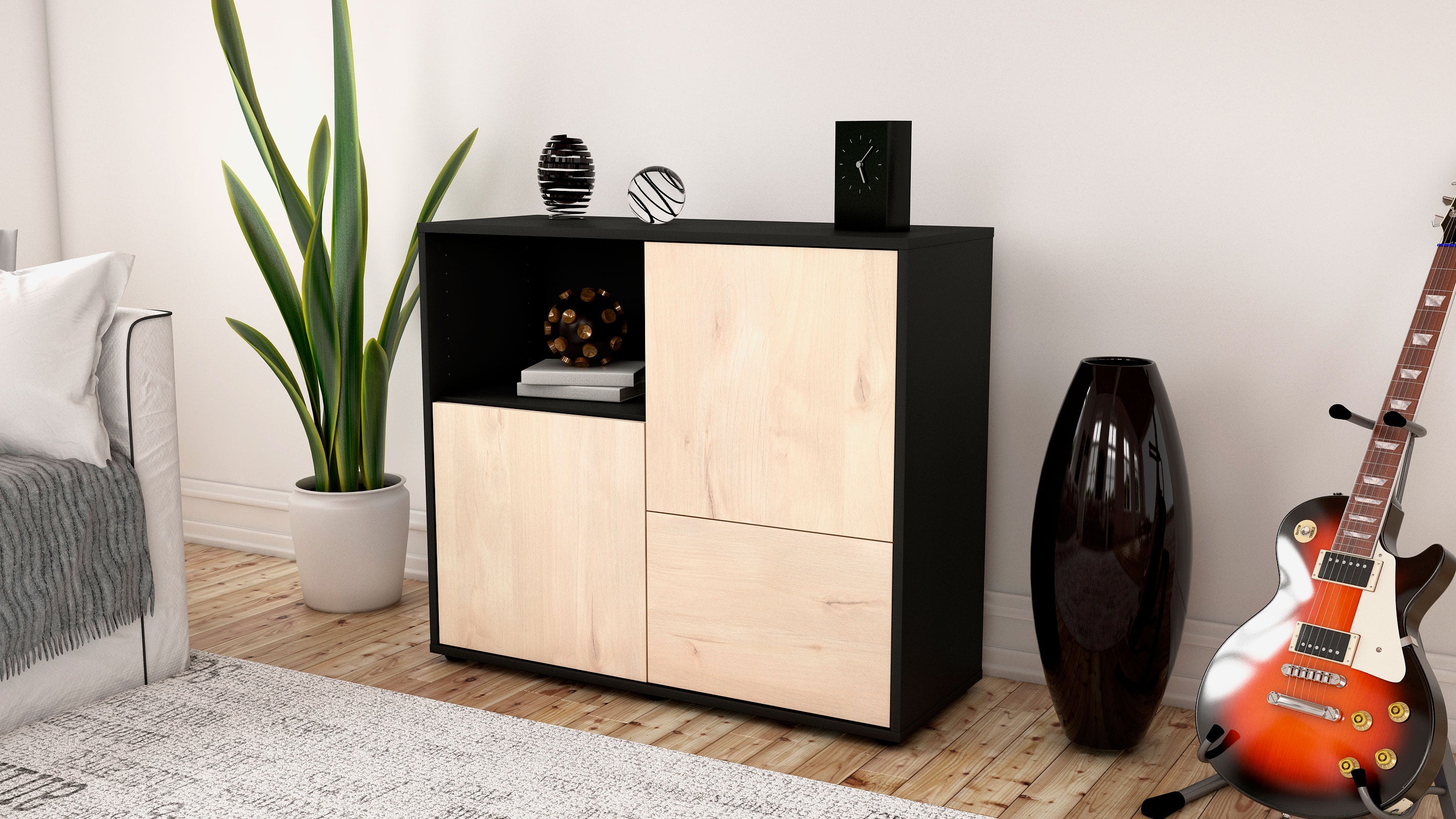 Sideboard - Carina - Design Holzdekor - Freistehend mit Push to open  92 cm Anthrazit