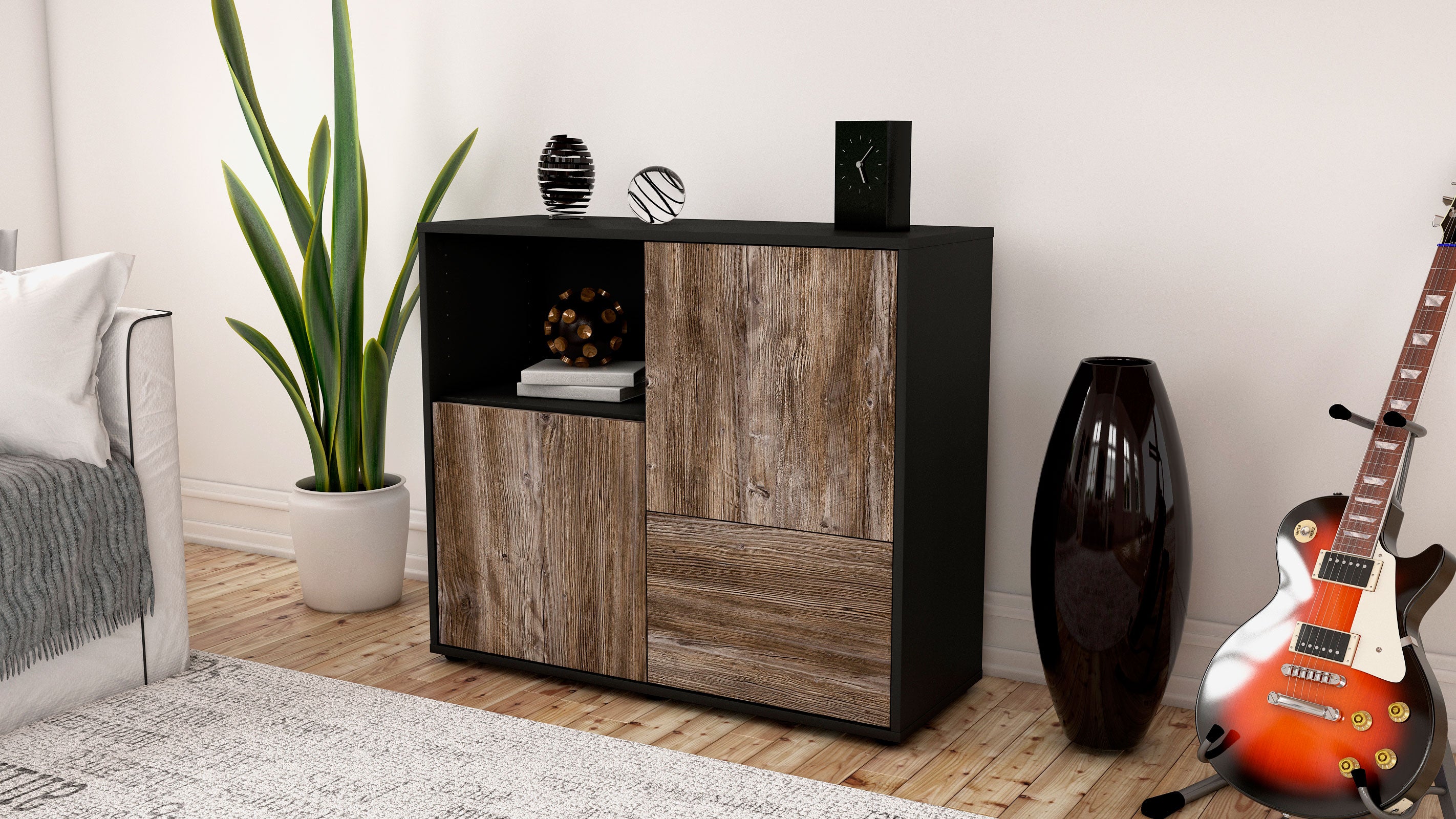 Sideboard - Carina - Design Holzdekor - Freistehend mit Push to open  92 cm Anthrazit