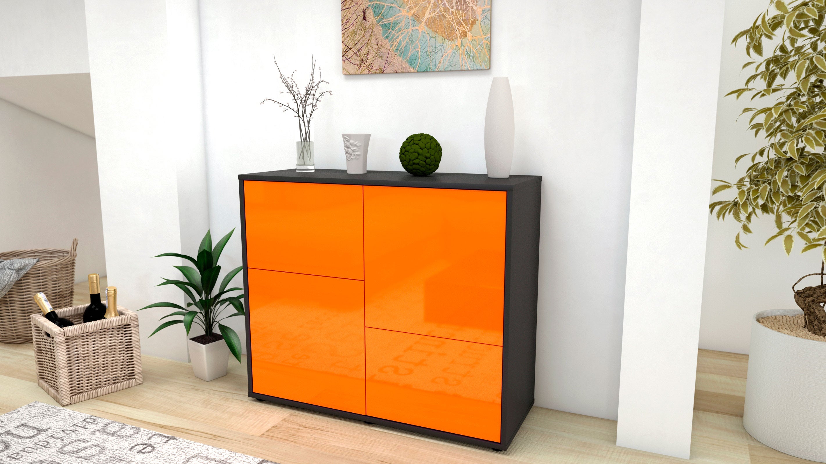 Sideboard - Carla - Design Hochglanz - Freistehend mit Push to open  92 cm Anthrazit