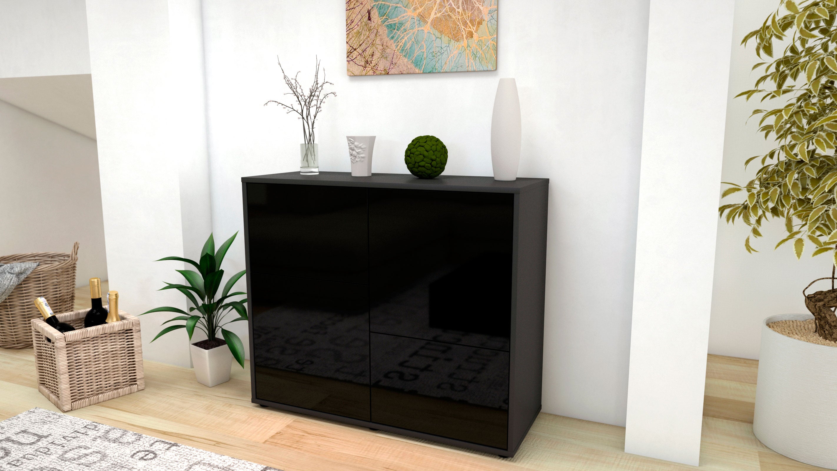 Sideboard - Carla - Design Hochglanz - Freistehend mit Push to open  92 cm Anthrazit