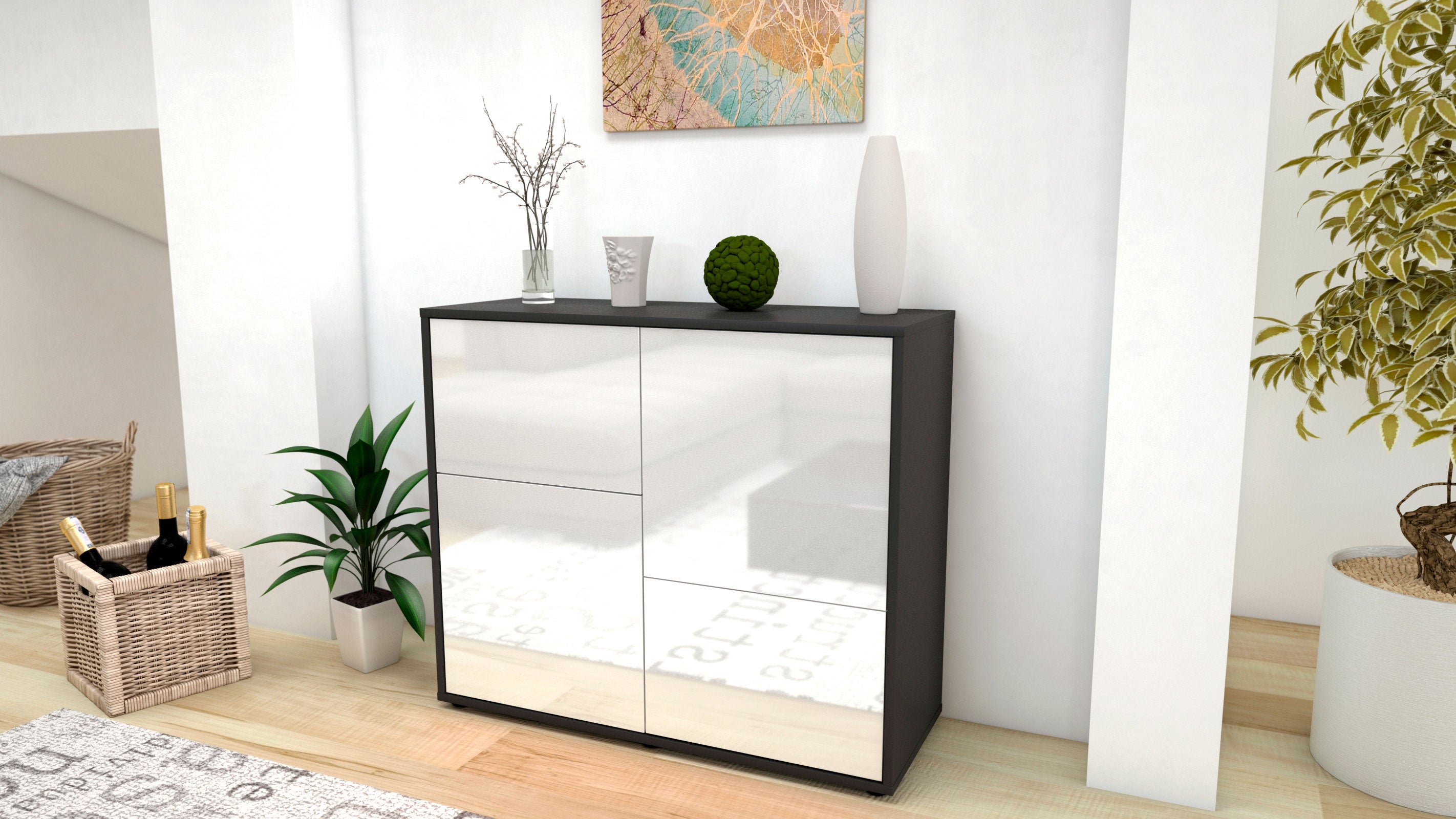 Sideboard - Carla - Design Hochglanz - Freistehend mit Push to open  92 cm Anthrazit