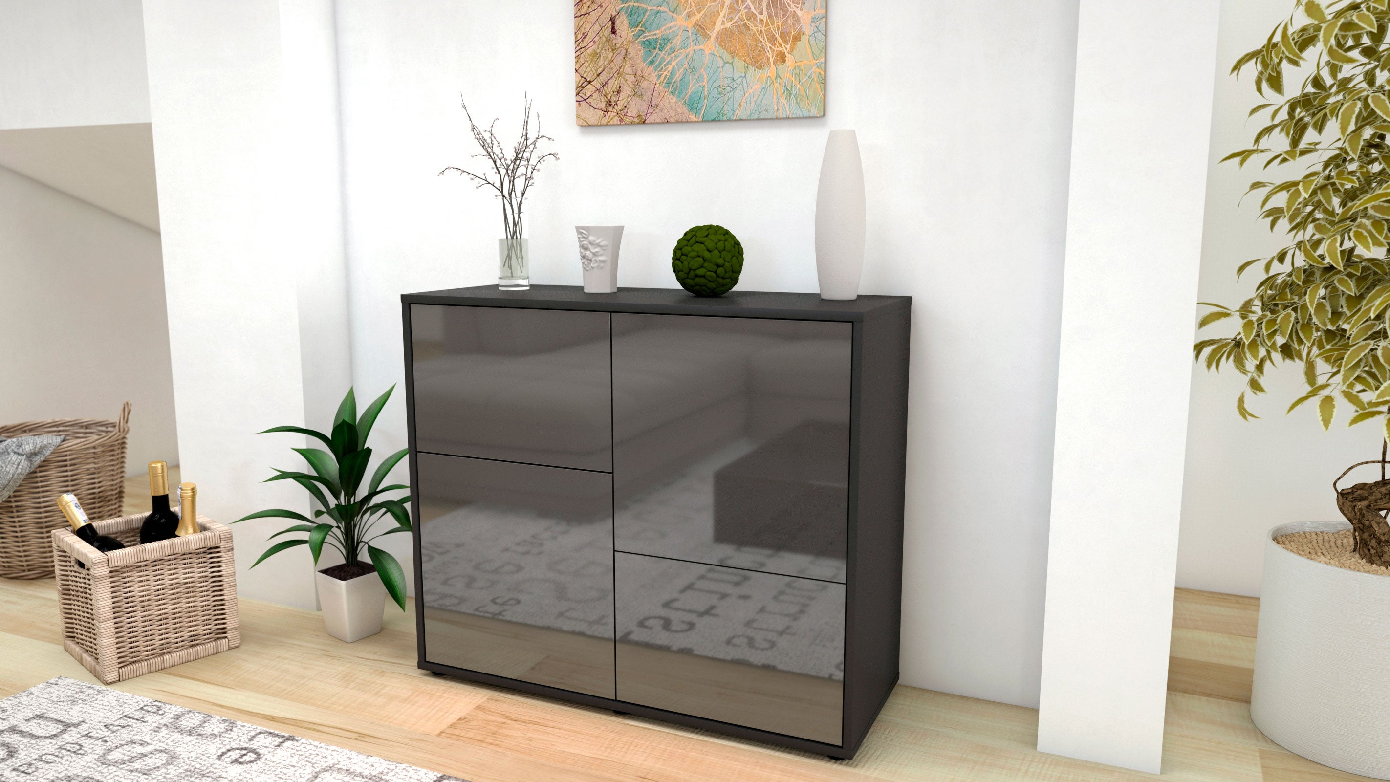 Sideboard - Carla - Design Hochglanz - Freistehend mit Push to open  92 cm Anthrazit