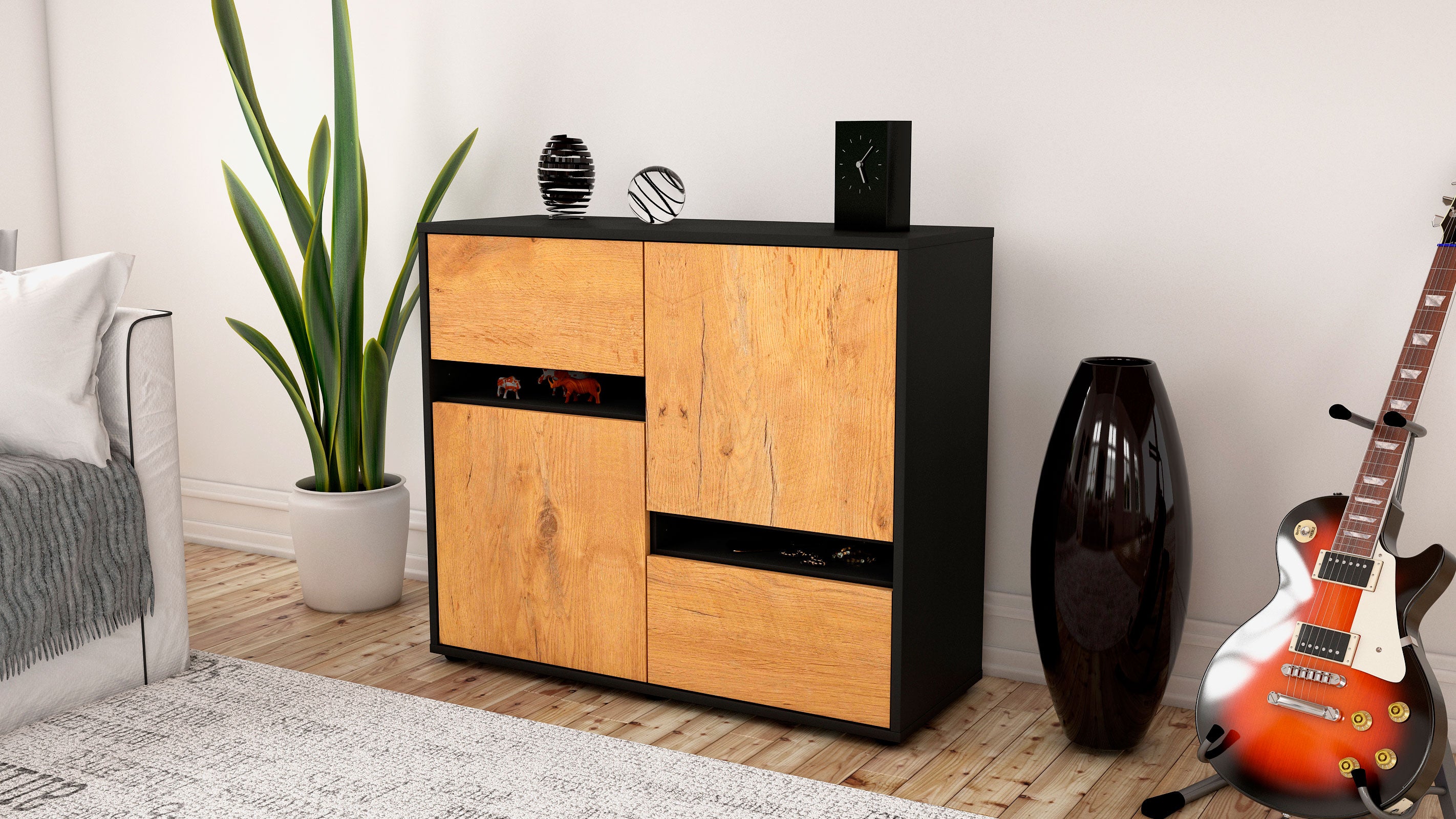 Sideboard - Carlotta - Design Holzdekor - Freistehend mit Push to open  92 cm Anthrazit