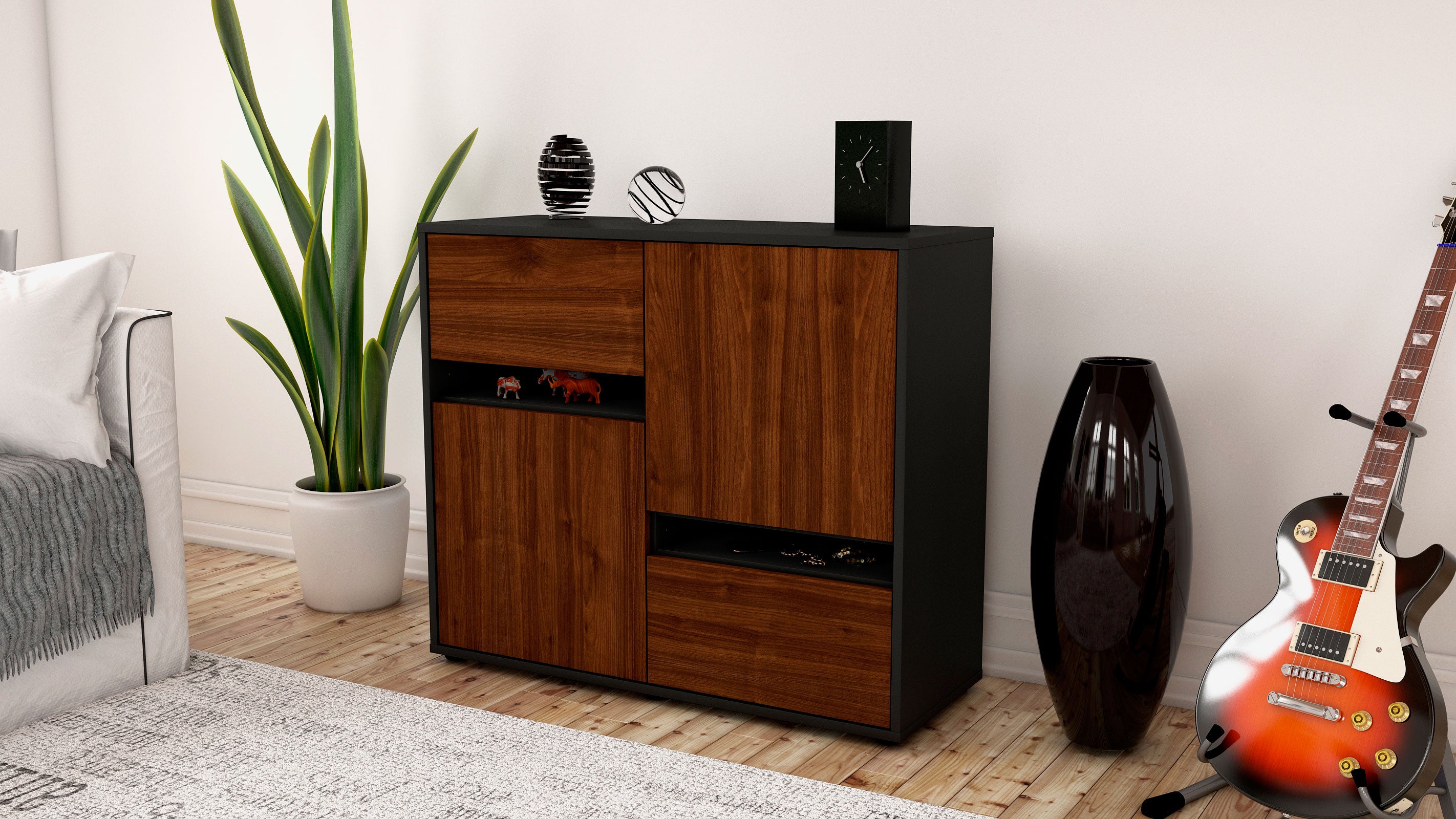 Sideboard - Carlotta - Design Holzdekor - Freistehend mit Push to open  92 cm Anthrazit