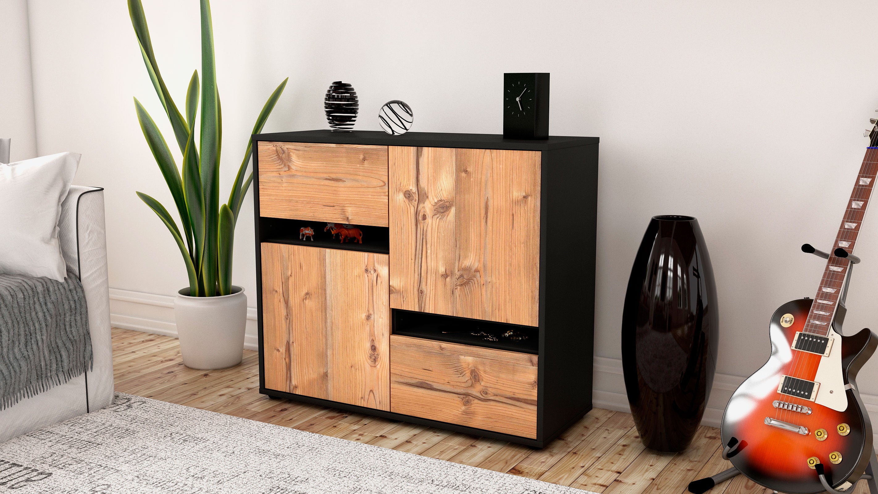 Sideboard - Carlotta - Design Holzdekor - Freistehend mit Push to open  92 cm Anthrazit