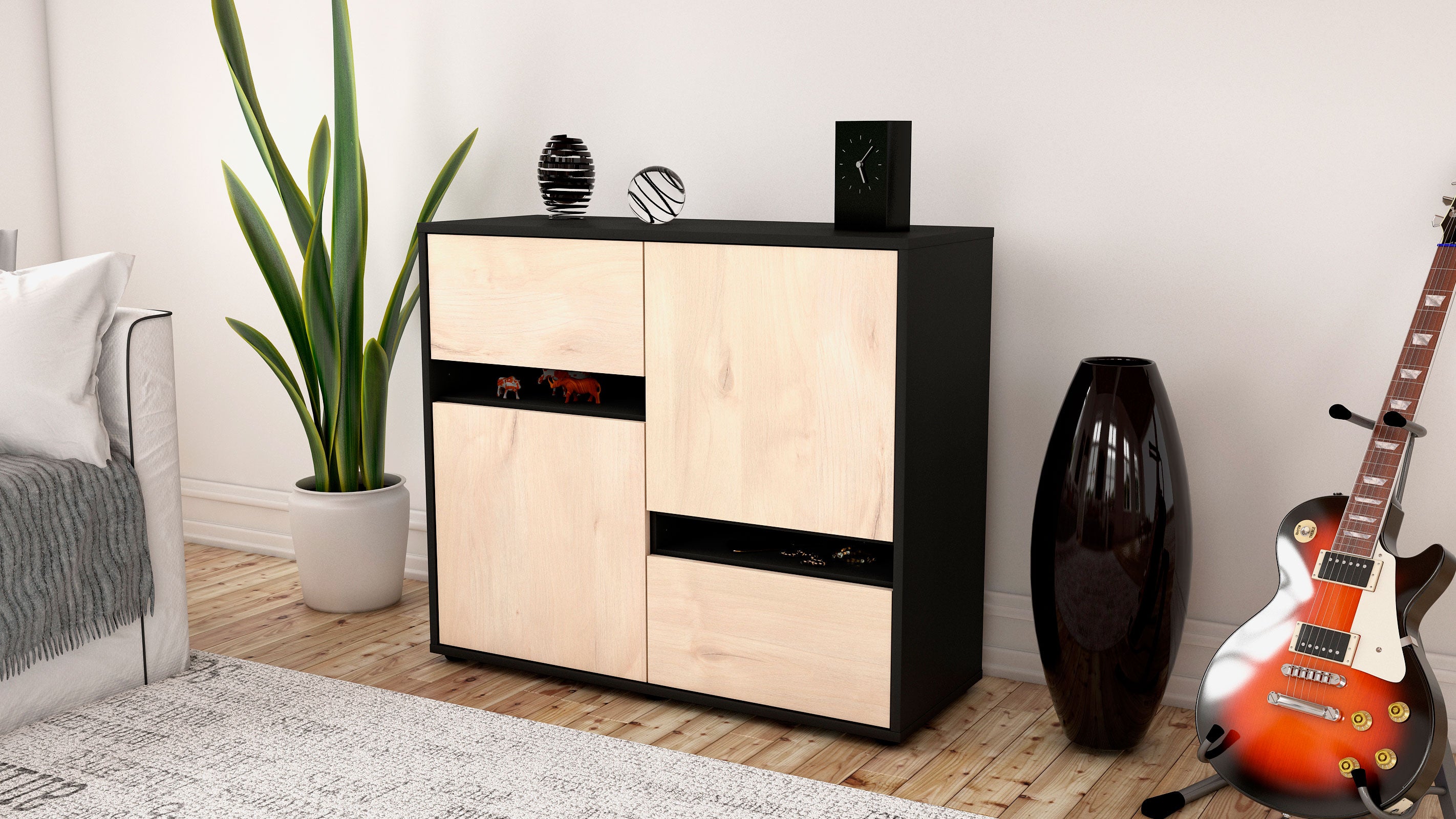 Sideboard - Carlotta - Design Holzdekor - Freistehend mit Push to open  92 cm Anthrazit