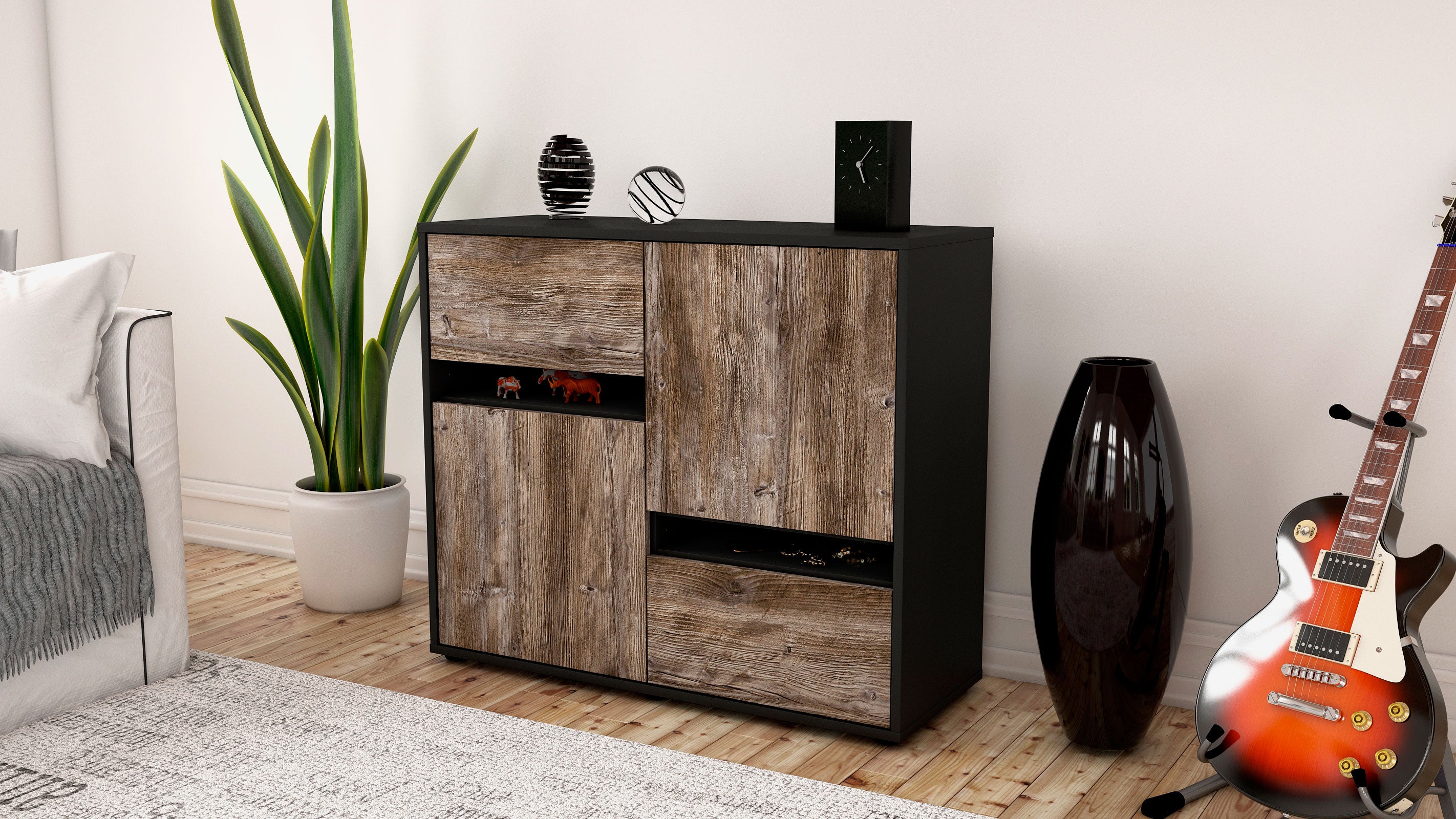 Sideboard - Carlotta - Design Holzdekor - Freistehend mit Push to open  92 cm Anthrazit