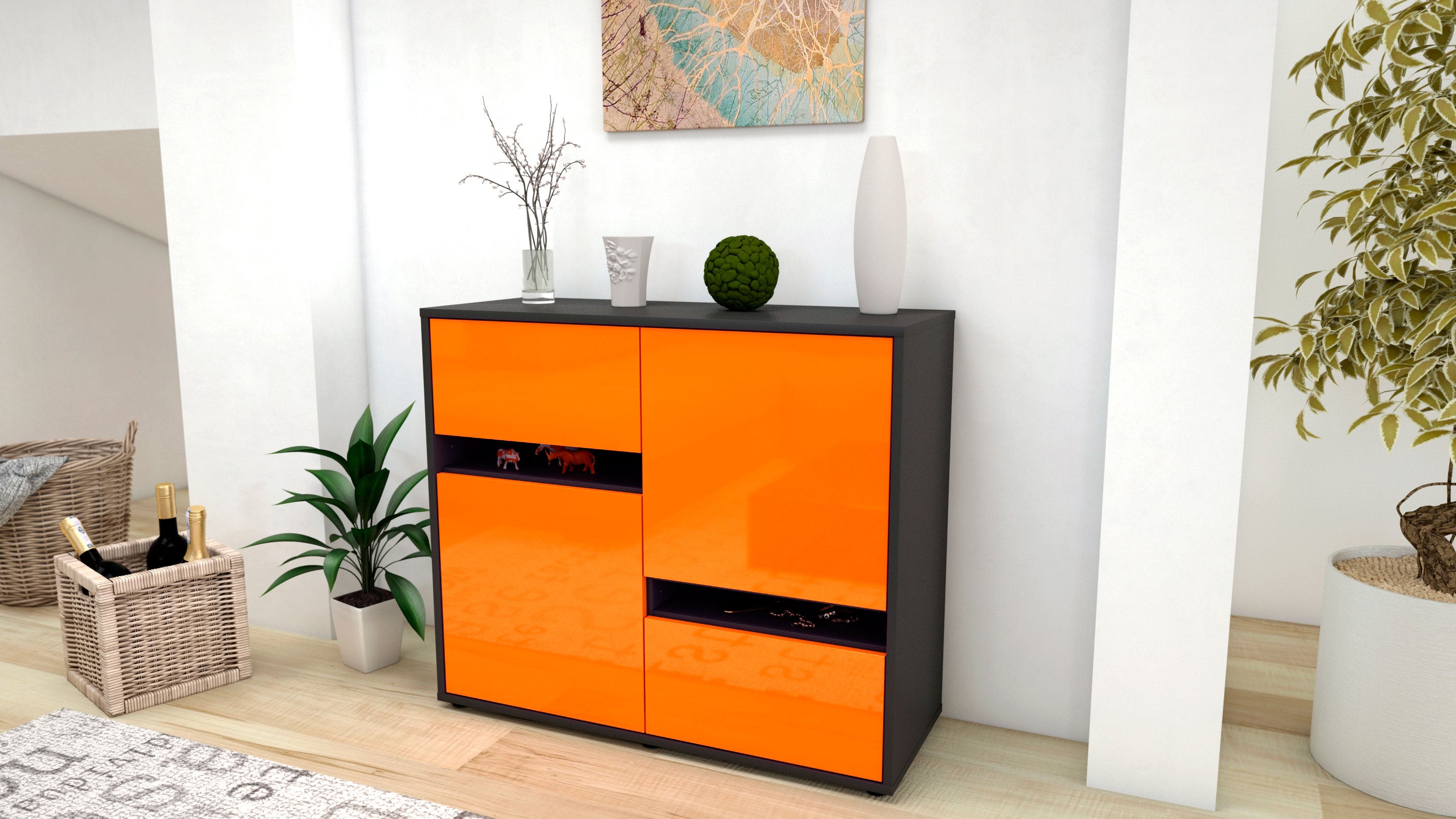 Sideboard - Carlotta - Design Hochglanz - Freistehend mit Push to open  92 cm Anthrazit