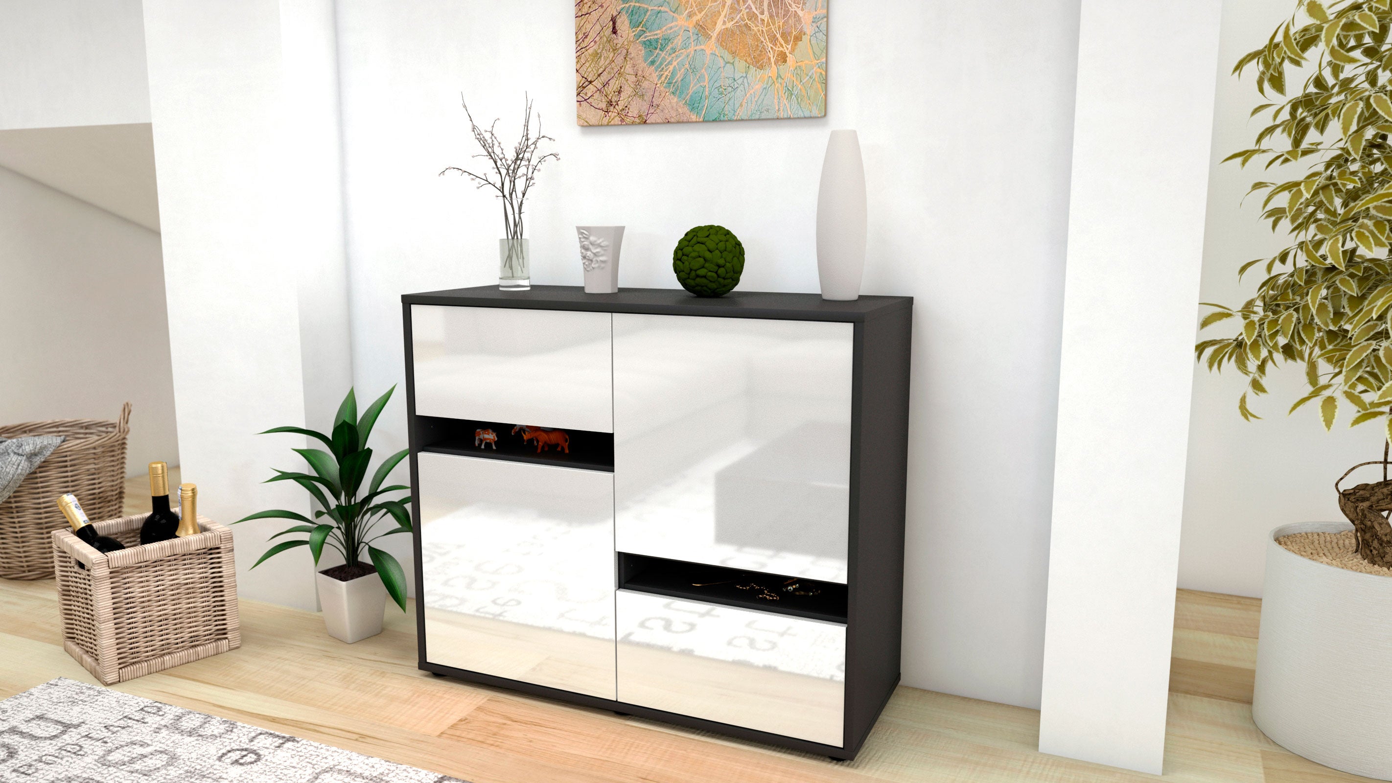 Sideboard - Carlotta - Design Hochglanz - Freistehend mit Push to open  92 cm Anthrazit