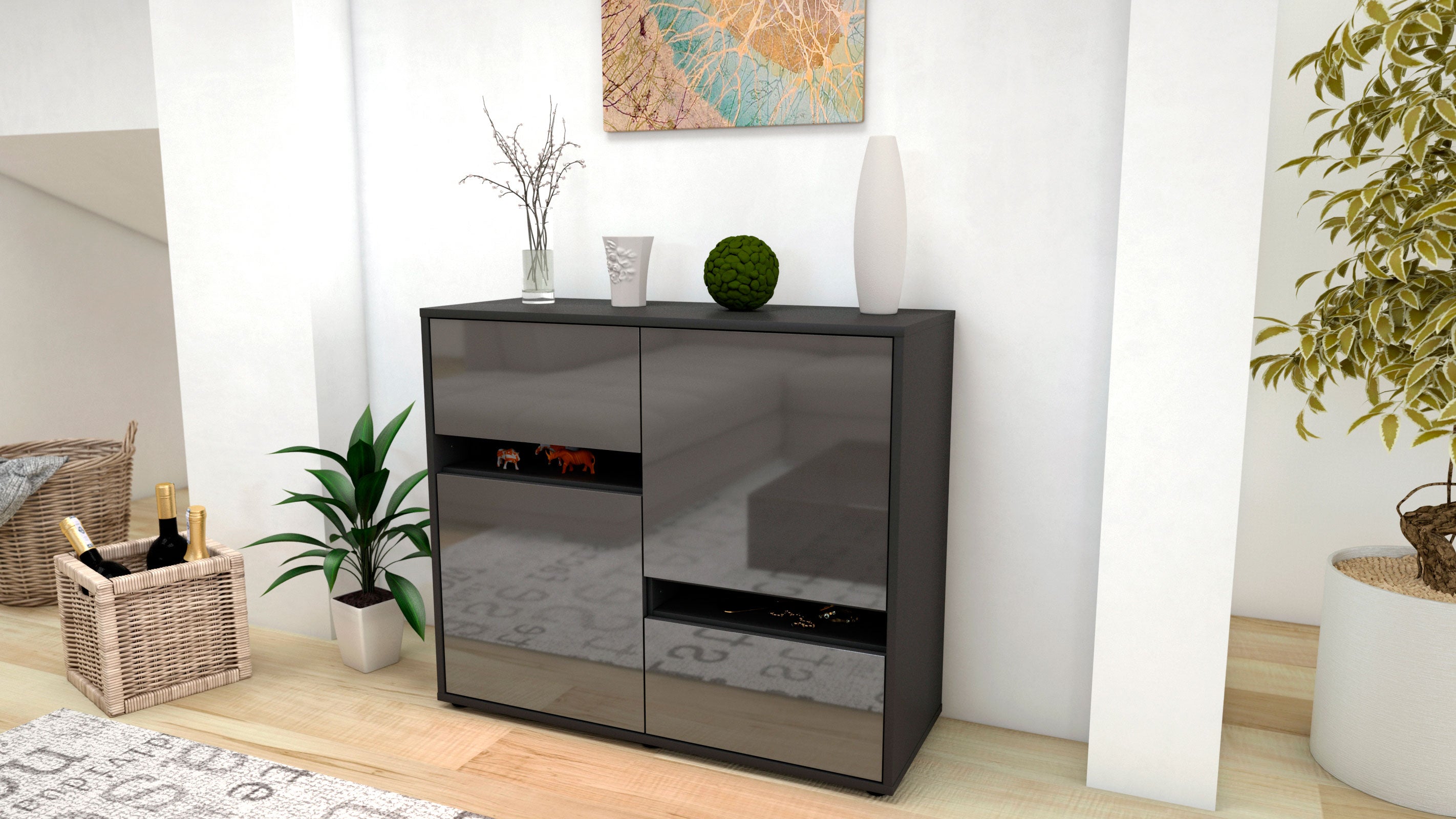 Sideboard - Carlotta - Design Hochglanz - Freistehend mit Push to open  92 cm Anthrazit