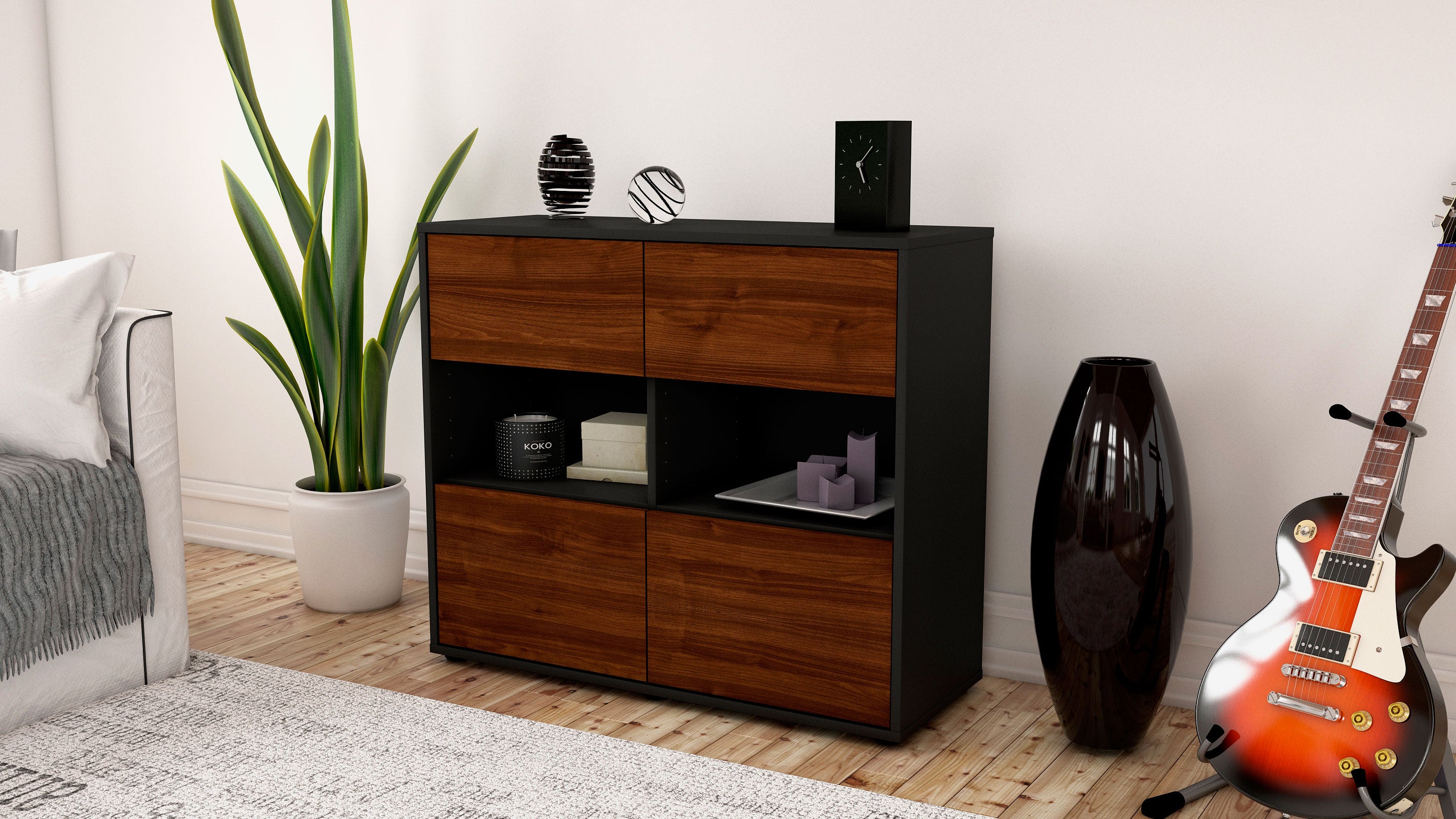 Sideboard - Carmen - Design Holzdekor - Freistehend mit Push to open  92 cm Anthrazit