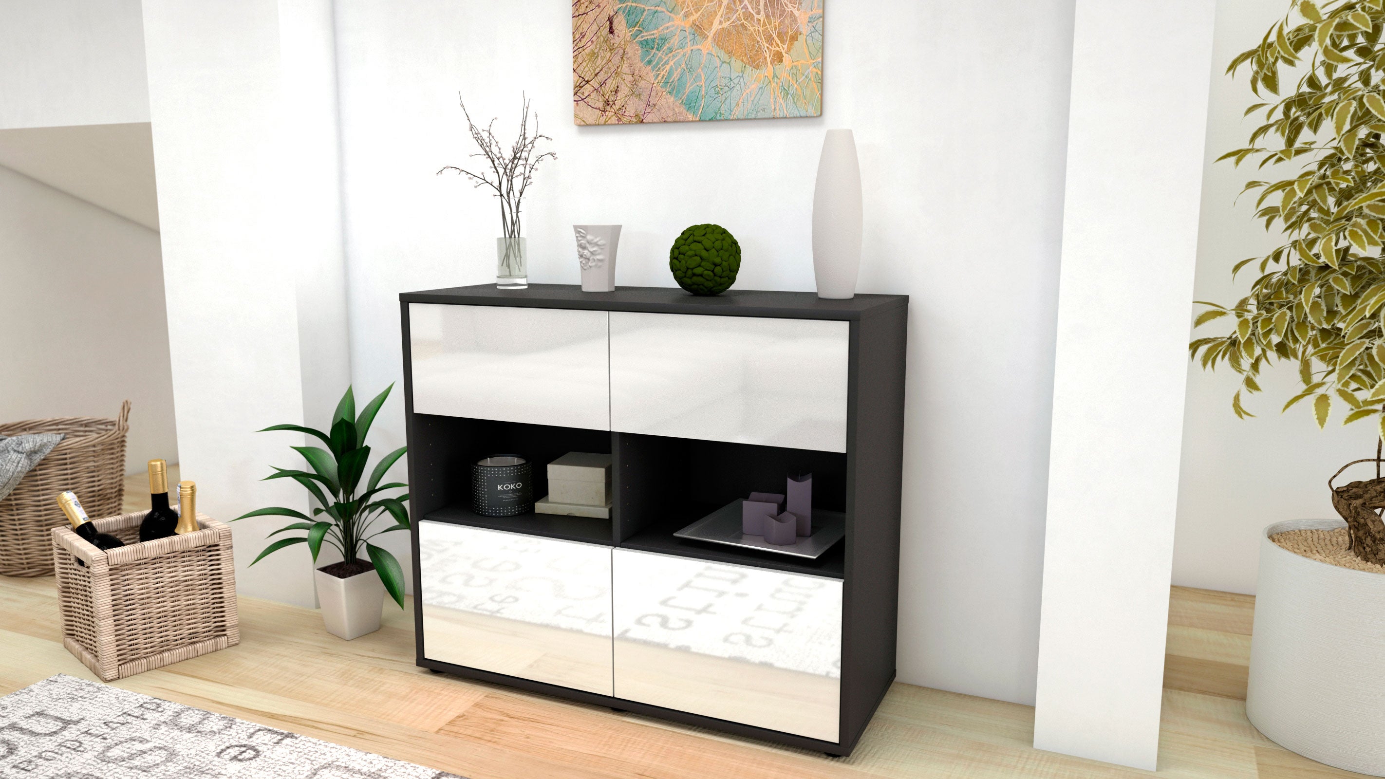 Sideboard - Carmen - Design Hochglanz - Freistehend mit Push to open  92 cm Anthrazit