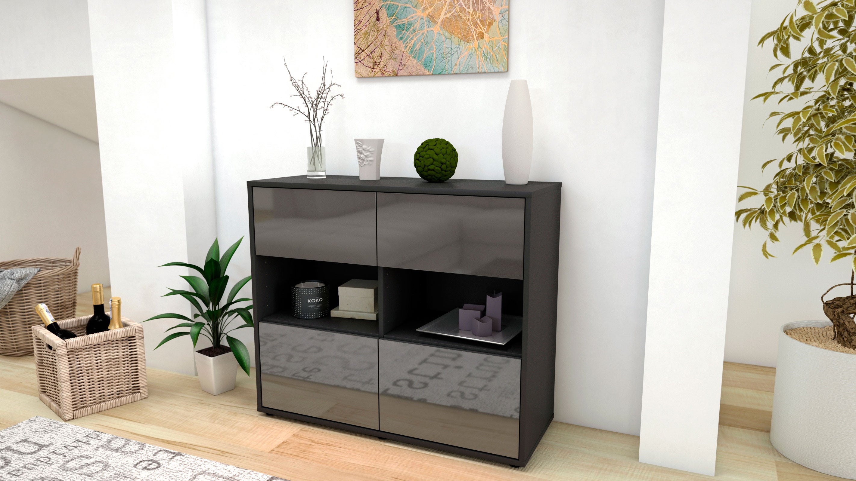 Sideboard - Carmen - Design Hochglanz - Freistehend mit Push to open  92 cm Anthrazit