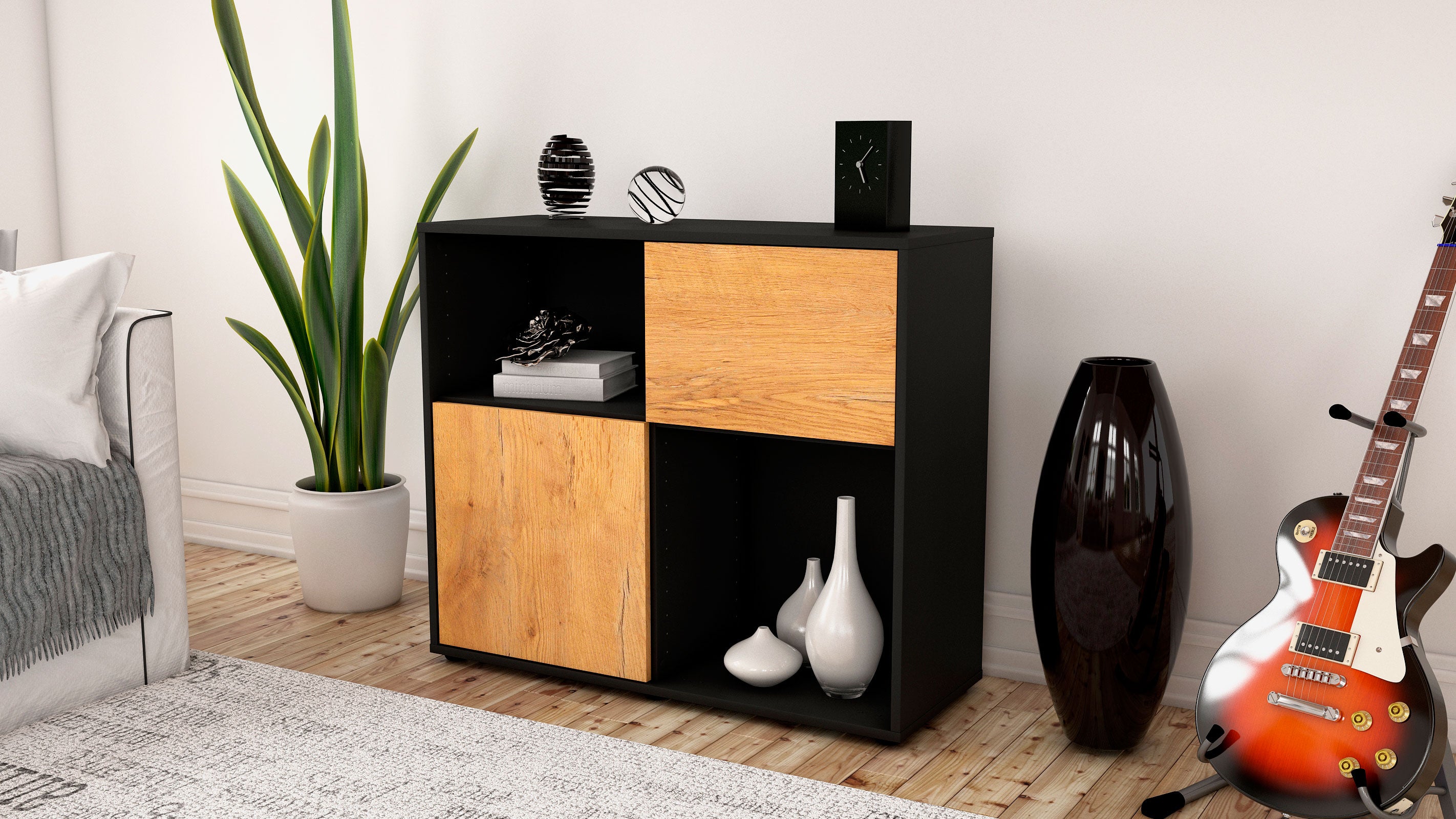 Sideboard - Carola - Design Holzdekor - Freistehend mit Push to open  92 cm Anthrazit