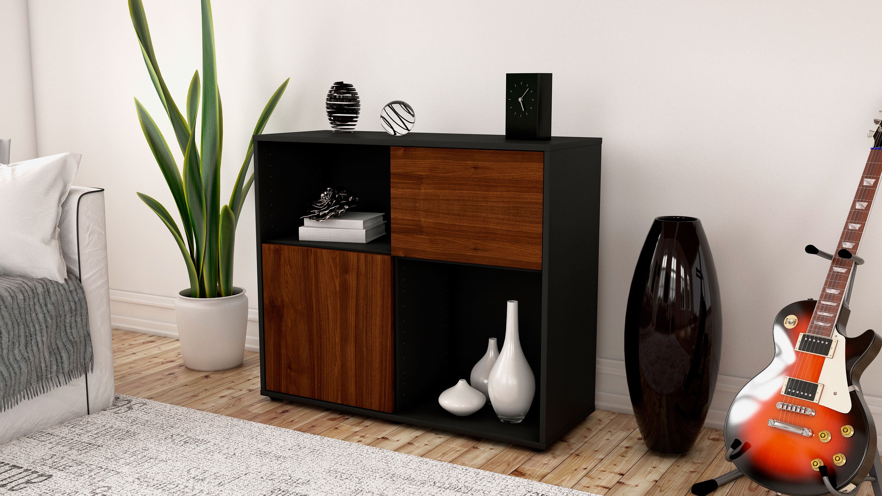 Sideboard - Carola - Design Holzdekor - Freistehend mit Push to open  92 cm Anthrazit