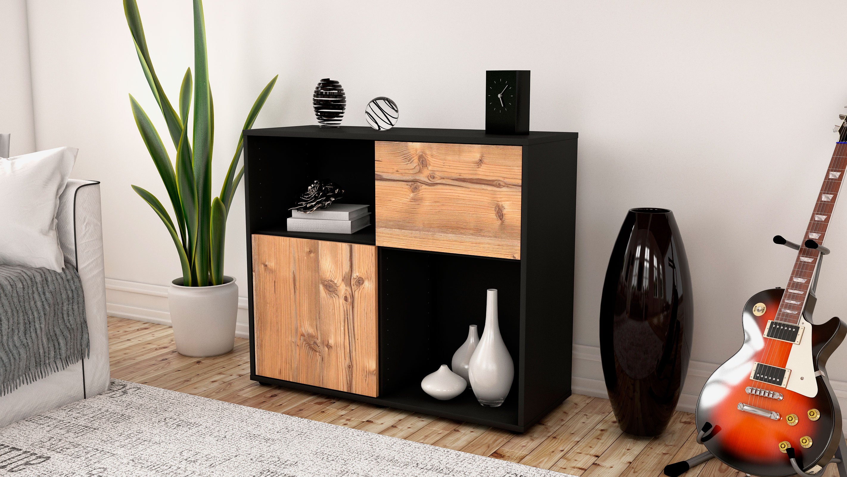 Sideboard - Carola - Design Holzdekor - Freistehend mit Push to open  92 cm Anthrazit