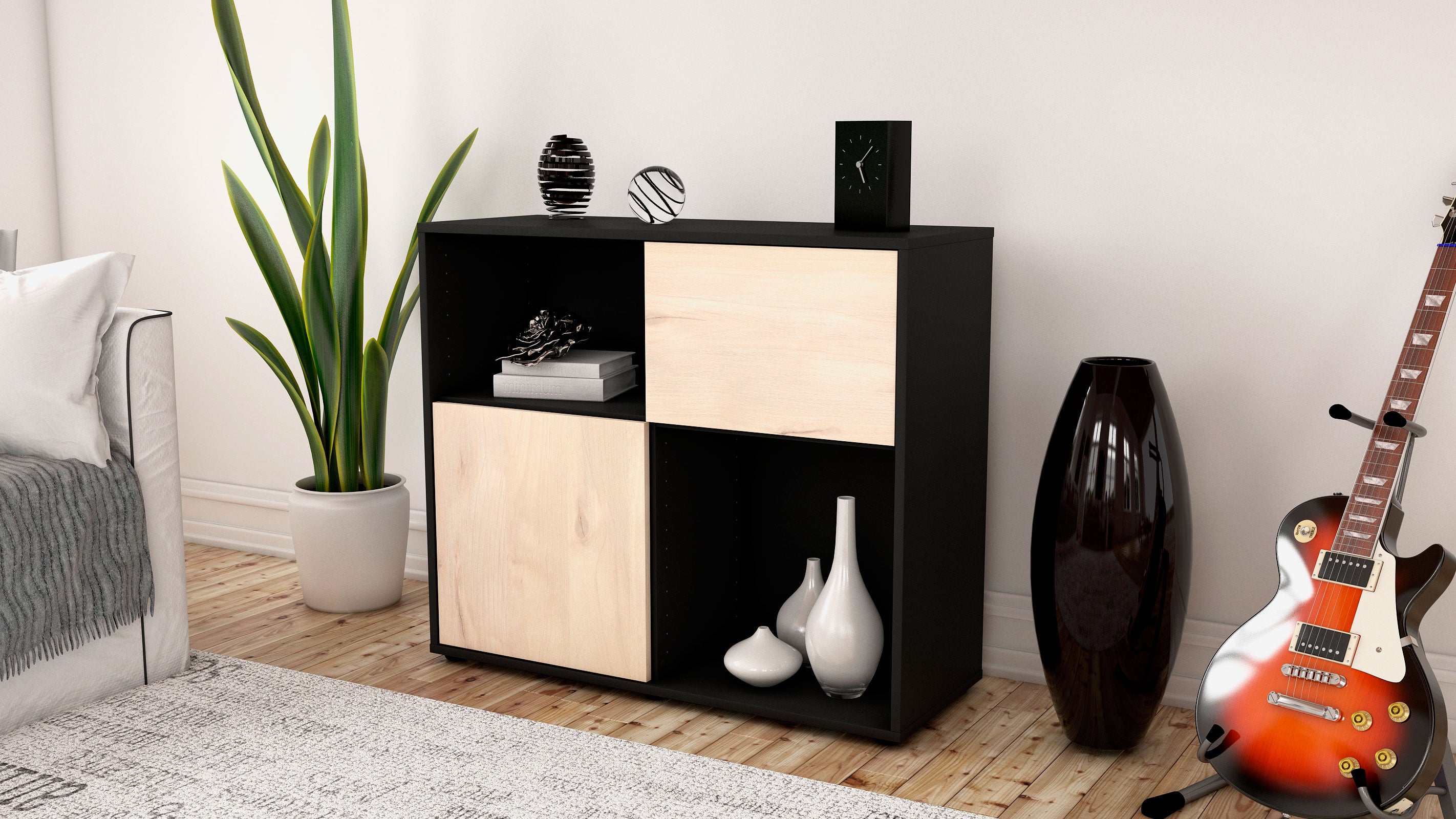 Sideboard - Carola - Design Holzdekor - Freistehend mit Push to open  92 cm Anthrazit