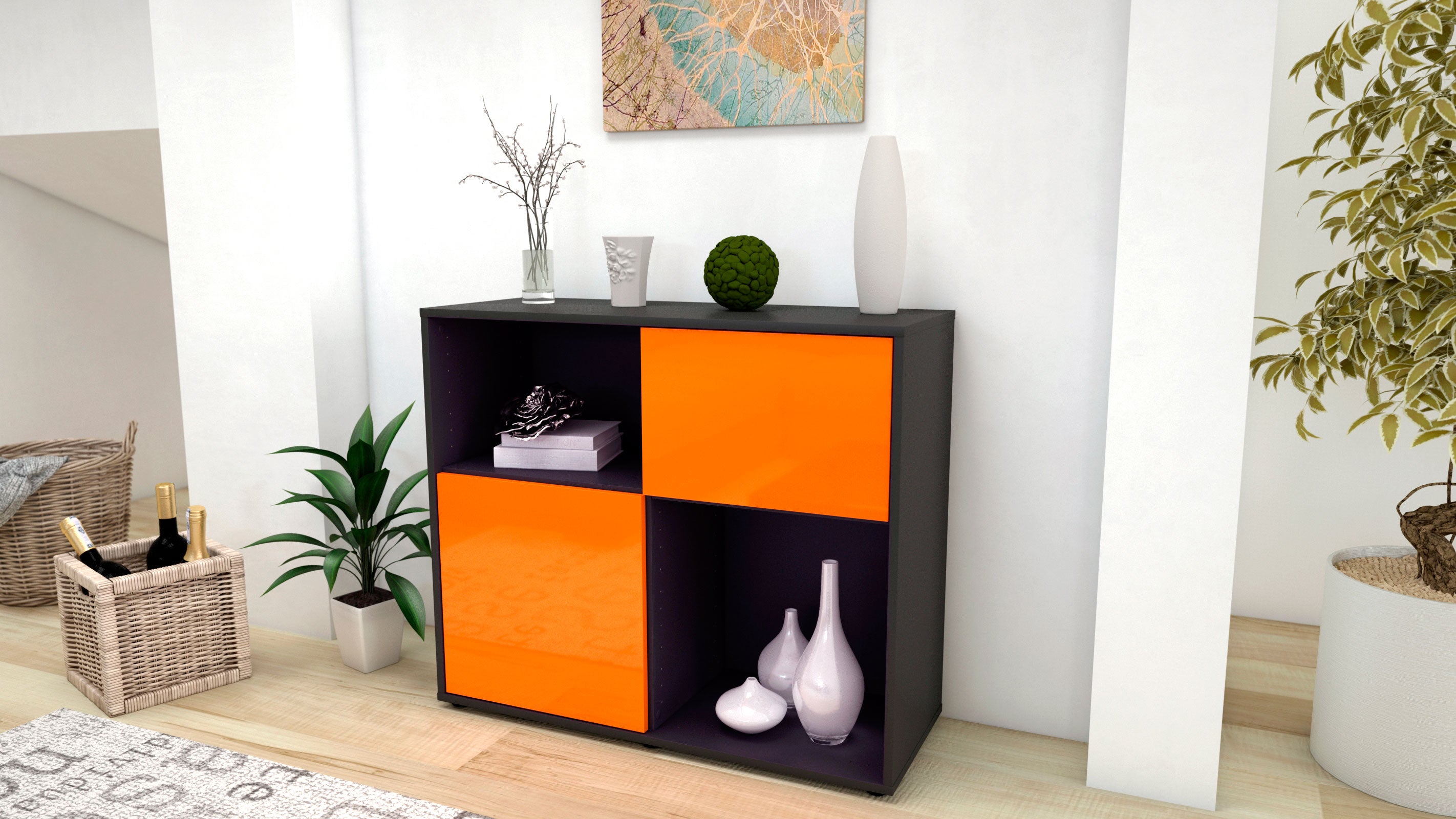 Sideboard - Carola - Design Hochglanz - Freistehend mit Push to open  92 cm Anthrazit