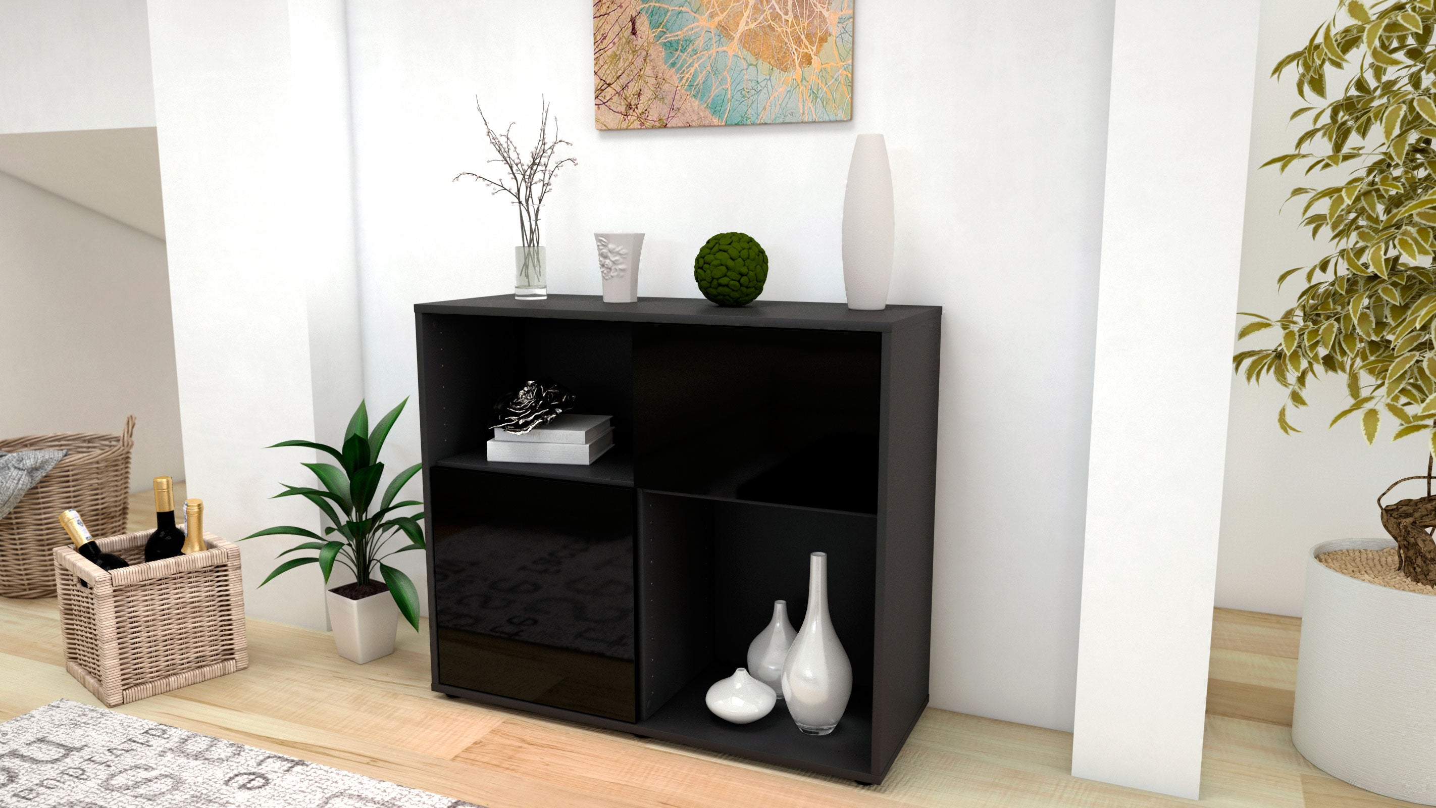 Sideboard - Carola - Design Hochglanz - Freistehend mit Push to open  92 cm Anthrazit