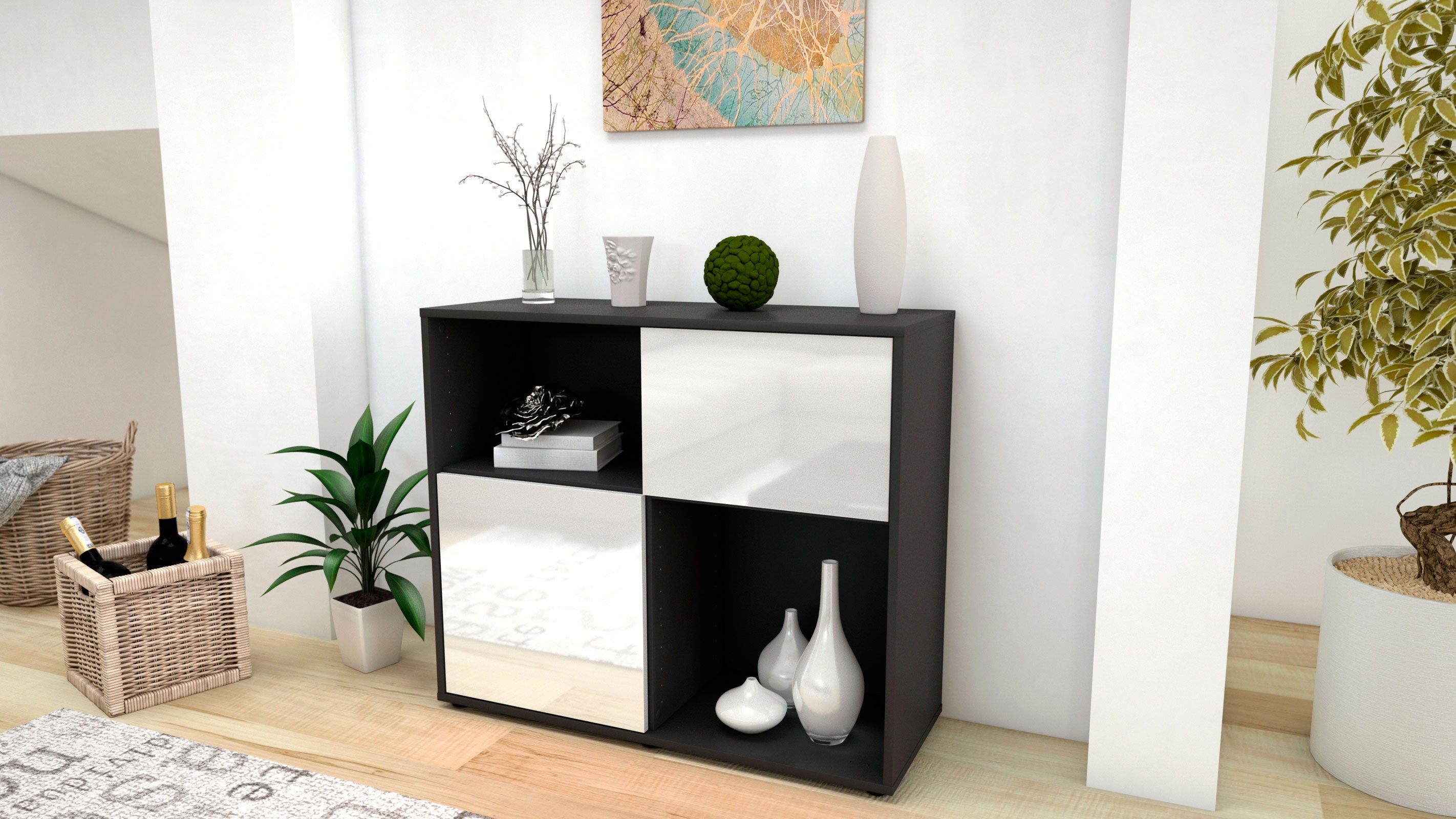Sideboard - Carola - Design Hochglanz - Freistehend mit Push to open  92 cm Anthrazit