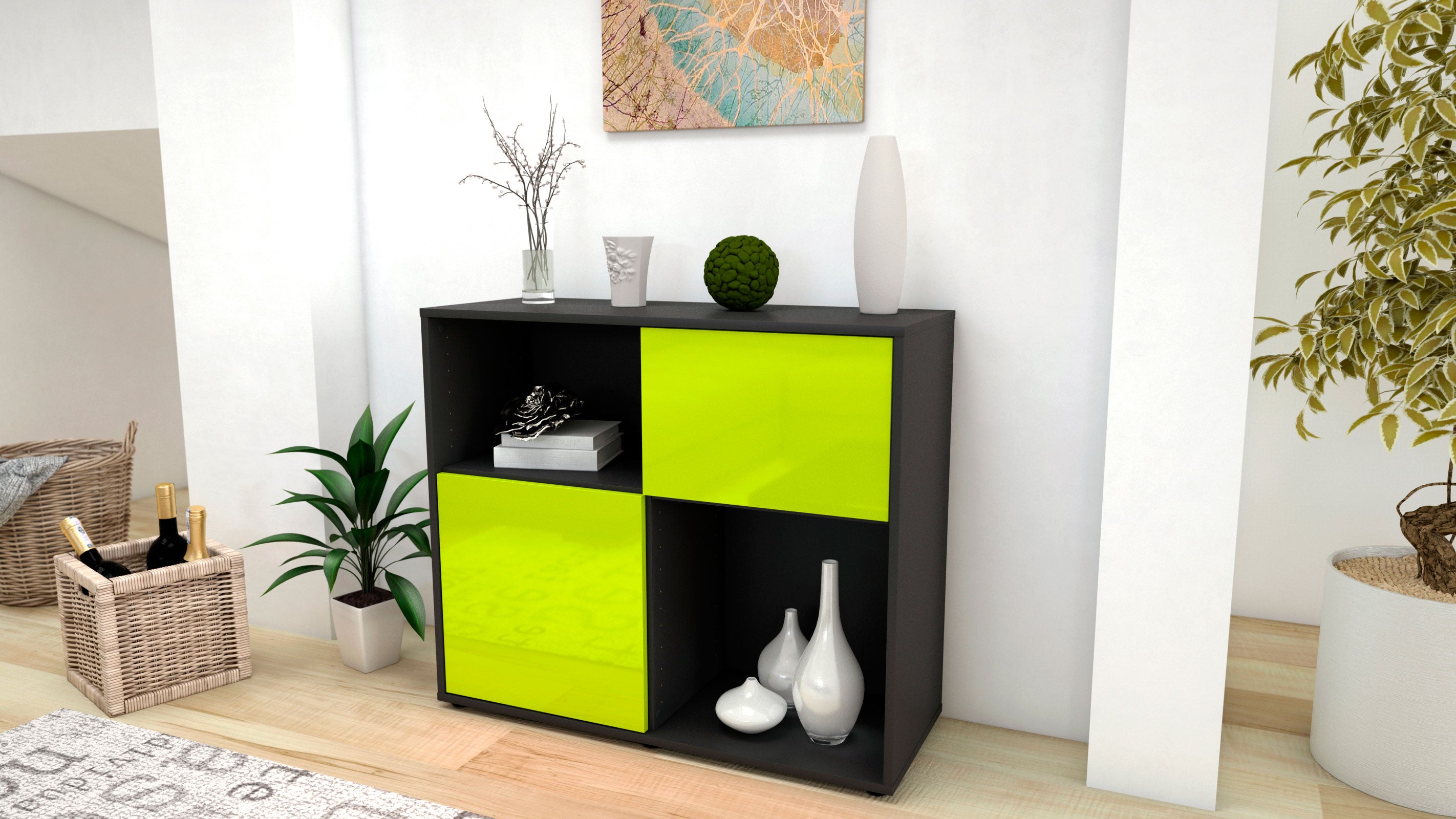 Sideboard - Carola - Design Hochglanz - Freistehend mit Push to open  92 cm Anthrazit