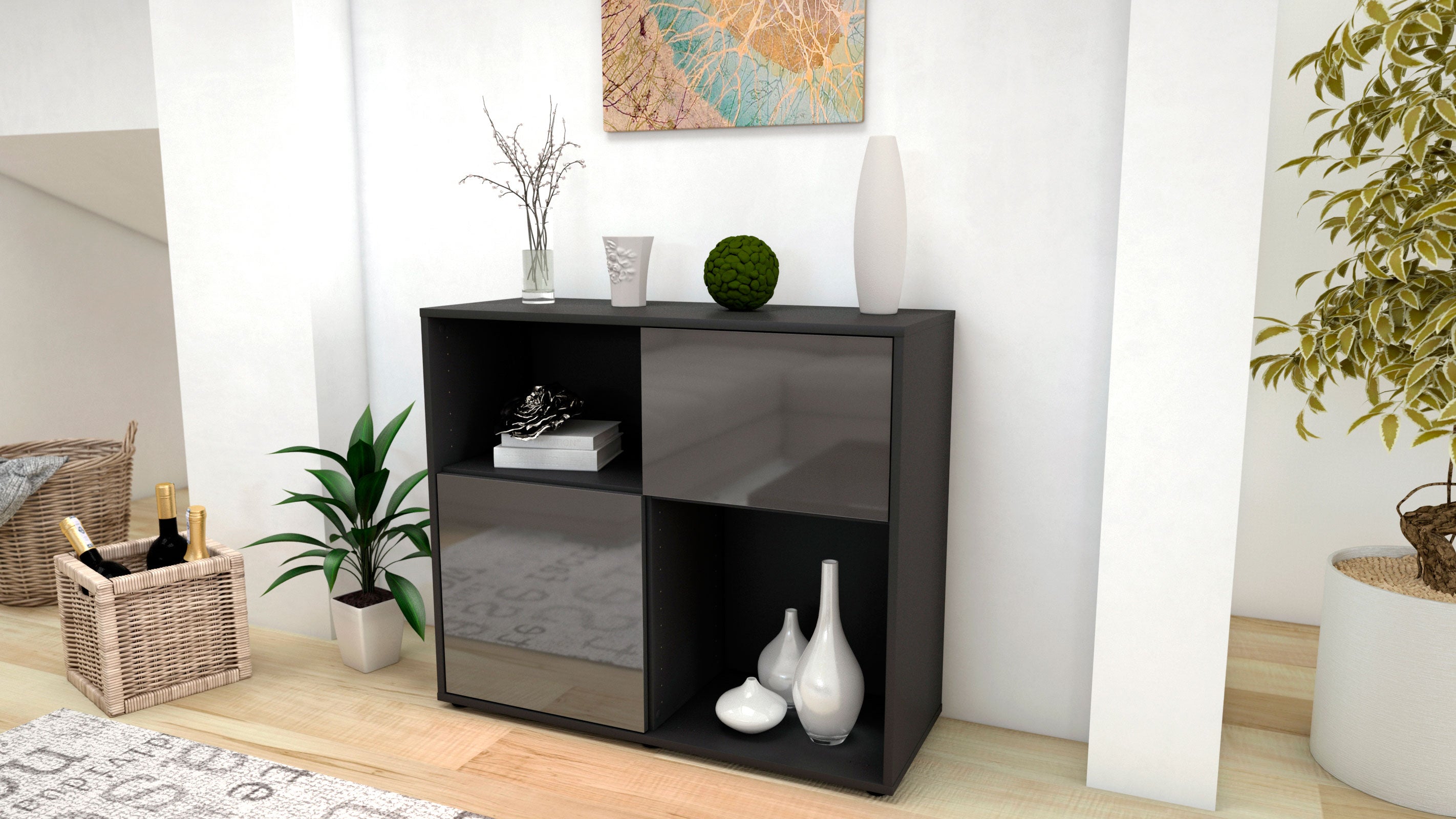 Sideboard - Carola - Design Hochglanz - Freistehend mit Push to open  92 cm Anthrazit
