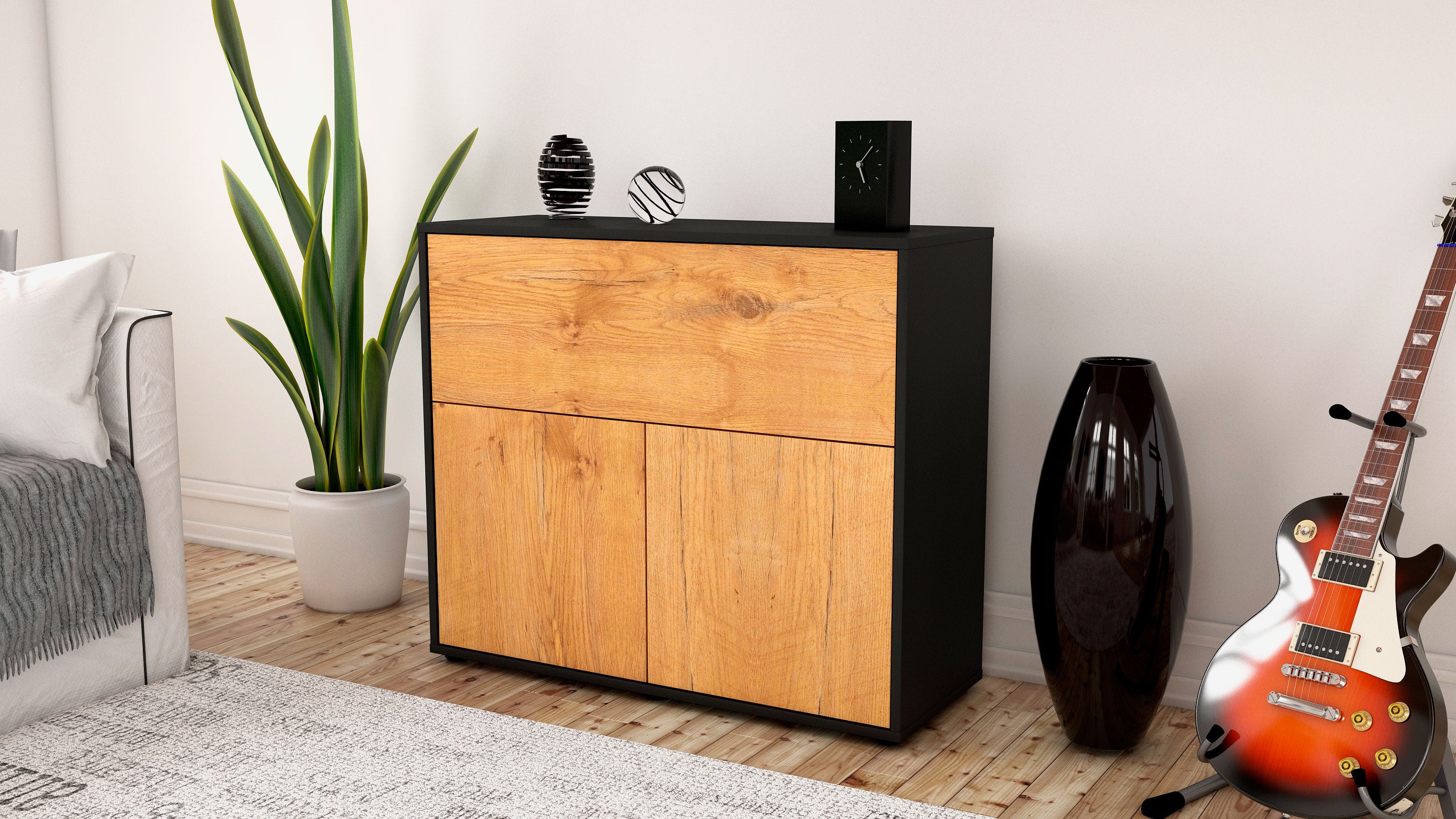 Sideboard - Carolin - Design Holzdekor - Freistehend mit Push to open  92 cm Anthrazit