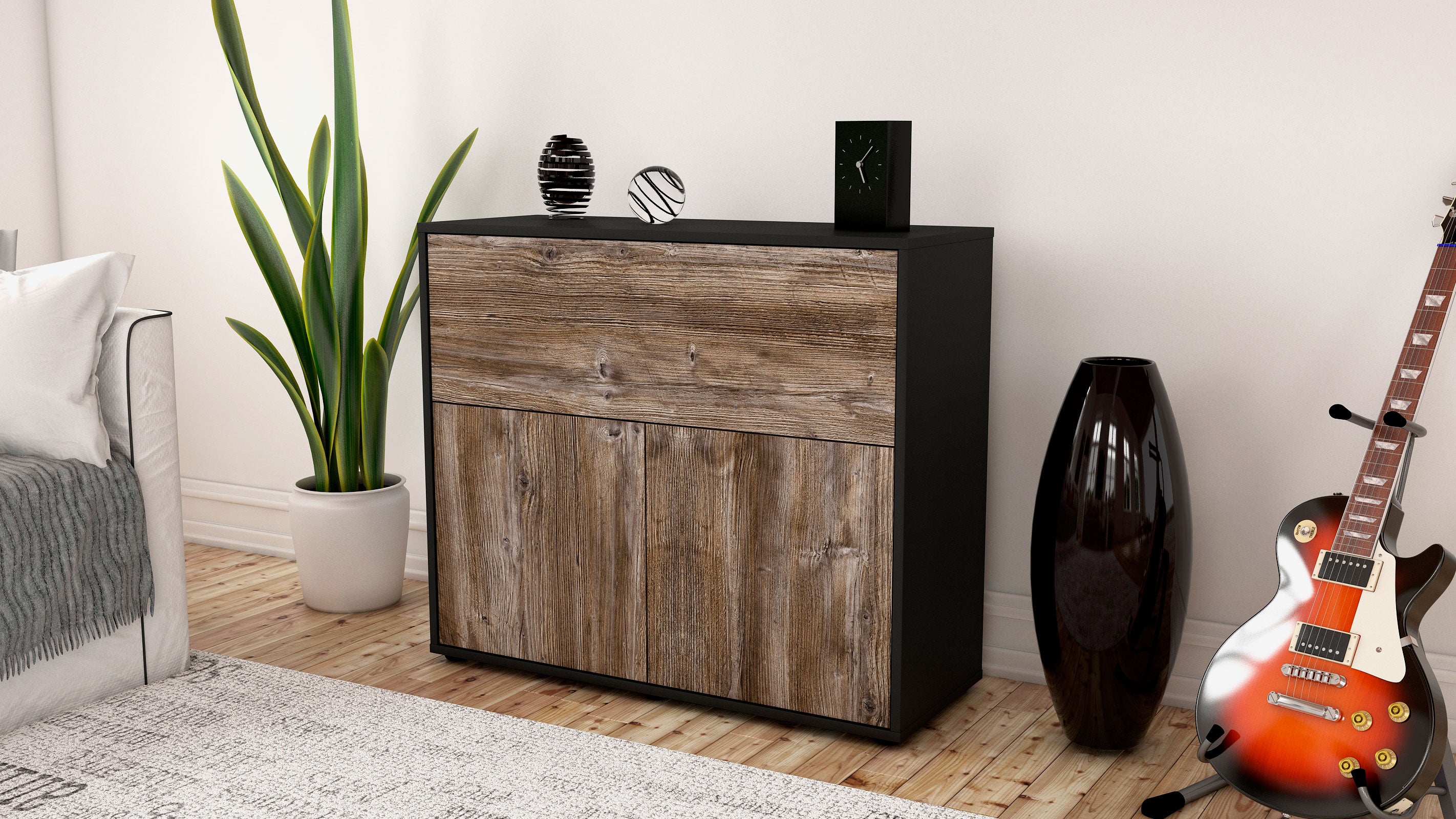 Sideboard - Carolin - Design Holzdekor - Freistehend mit Push to open  92 cm Anthrazit