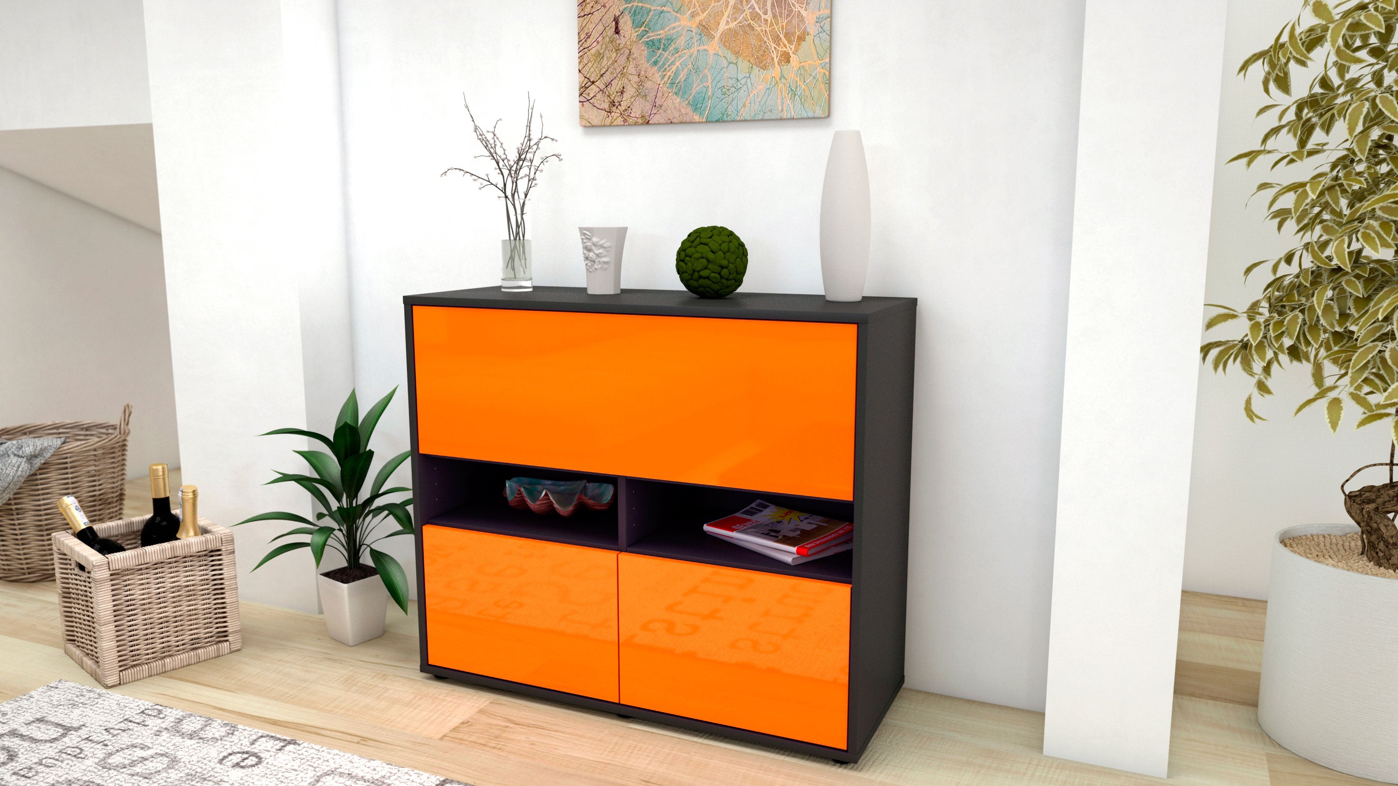 Sideboard - Cassandra - Design Hochglanz - Freistehend mit Push to open  92 cm Anthrazit