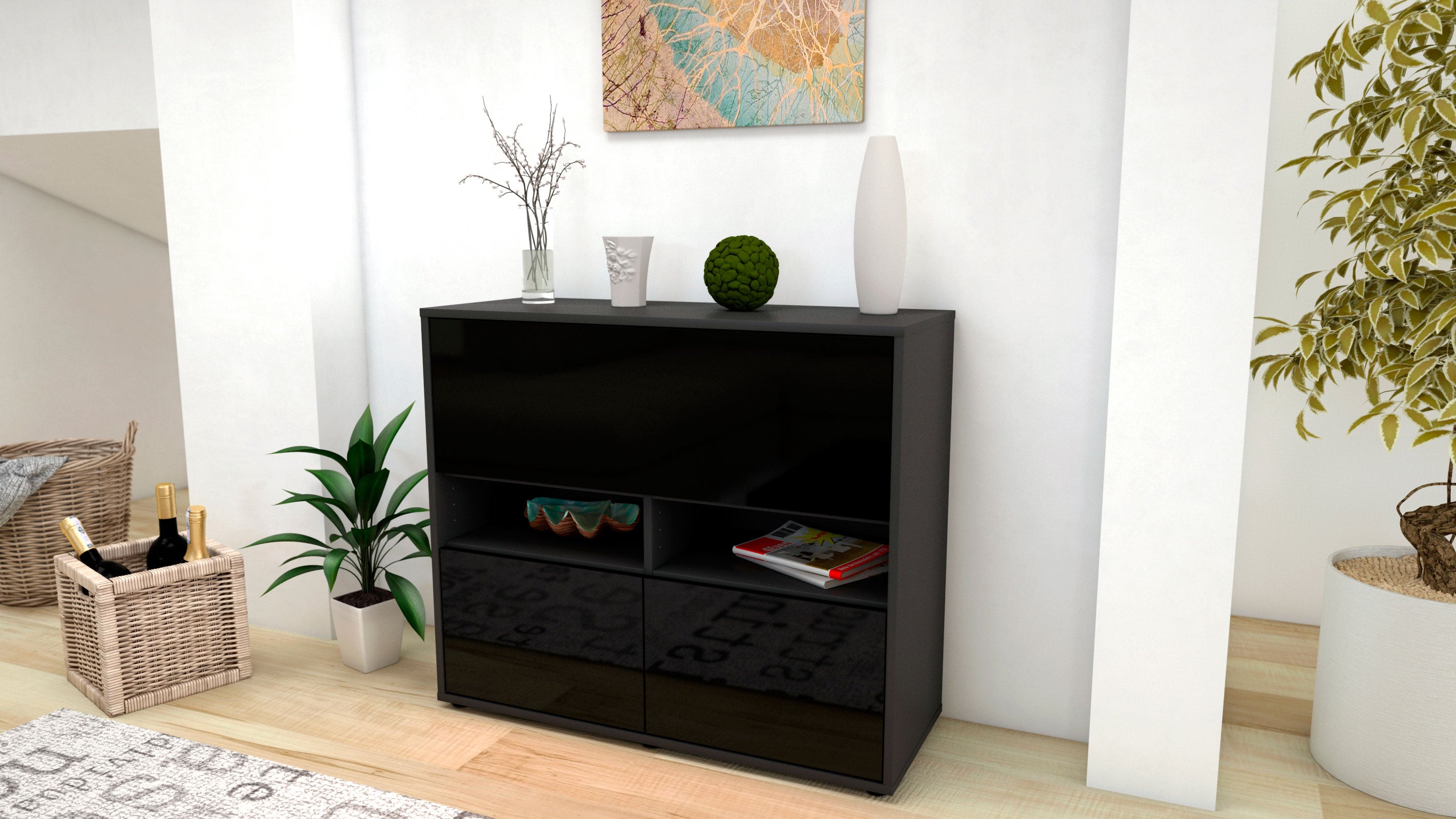 Sideboard - Cassandra - Design Hochglanz - Freistehend mit Push to open  92 cm Anthrazit
