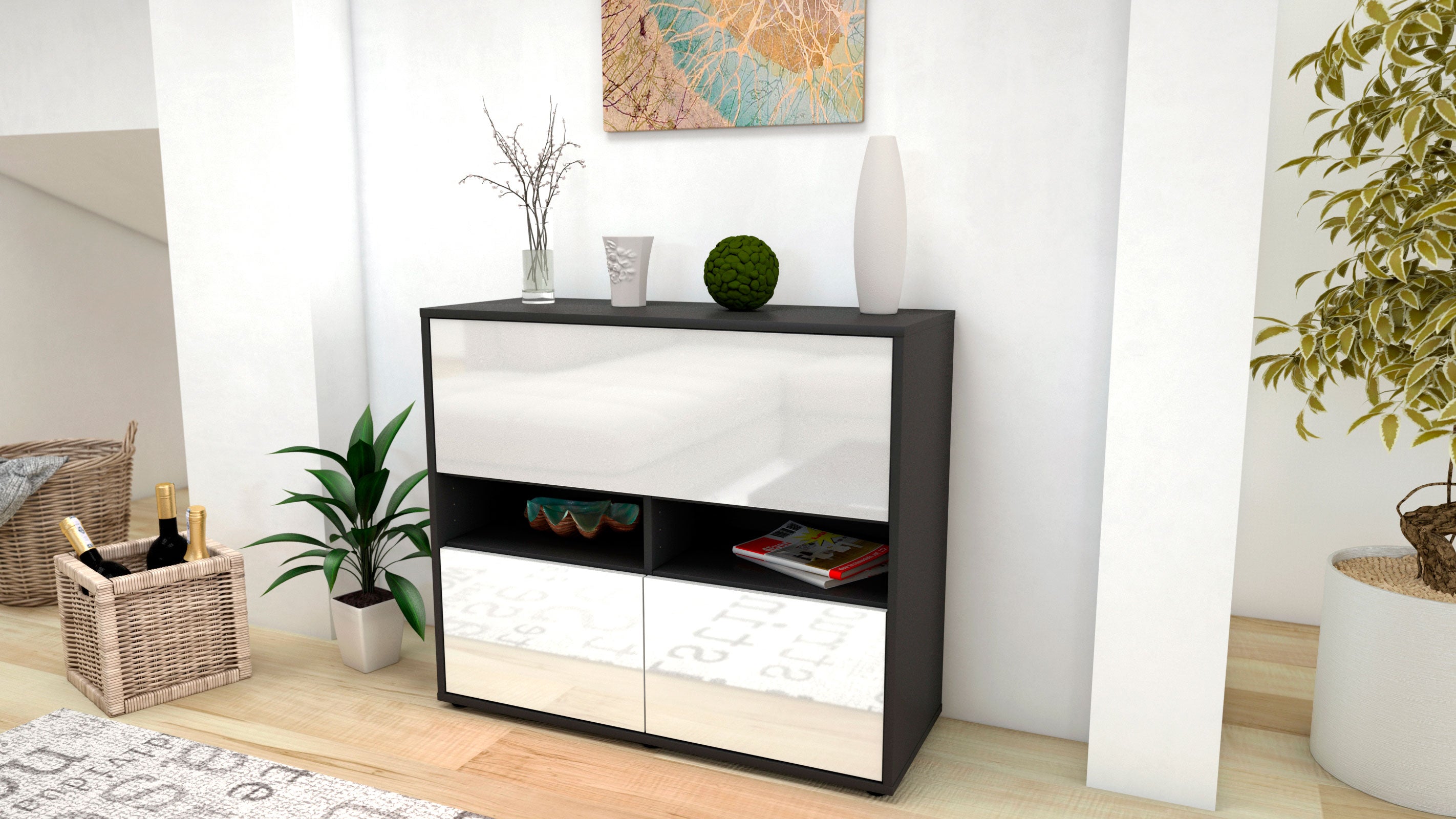 Sideboard - Cassandra - Design Hochglanz - Freistehend mit Push to open  92 cm Anthrazit