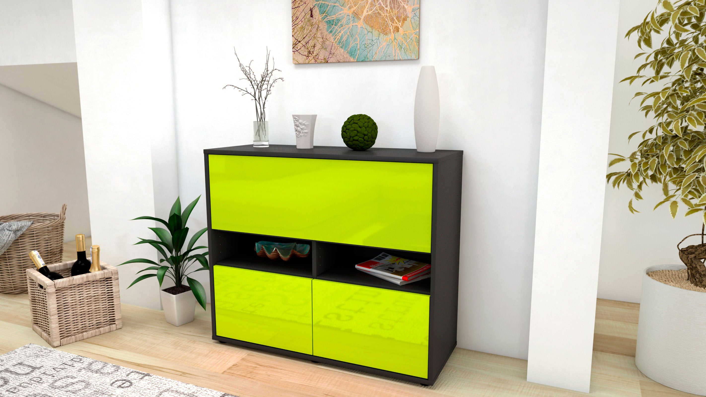 Sideboard - Cassandra - Design Hochglanz - Freistehend mit Push to open  92 cm Anthrazit