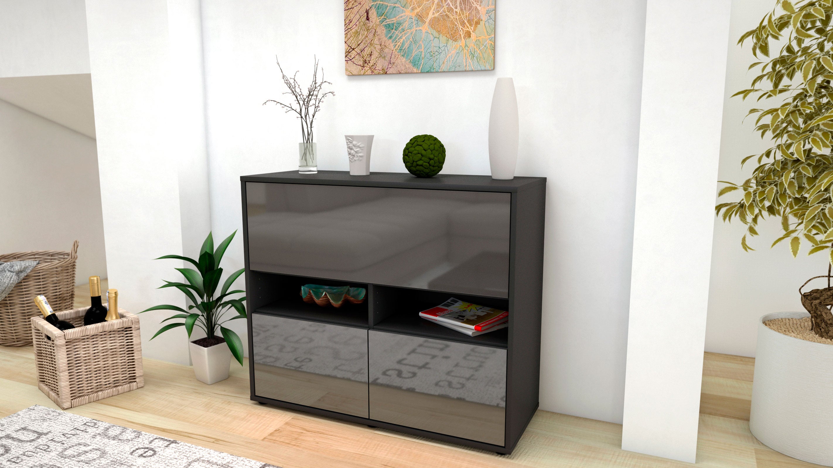 Sideboard - Cassandra - Design Hochglanz - Freistehend mit Push to open  92 cm Anthrazit