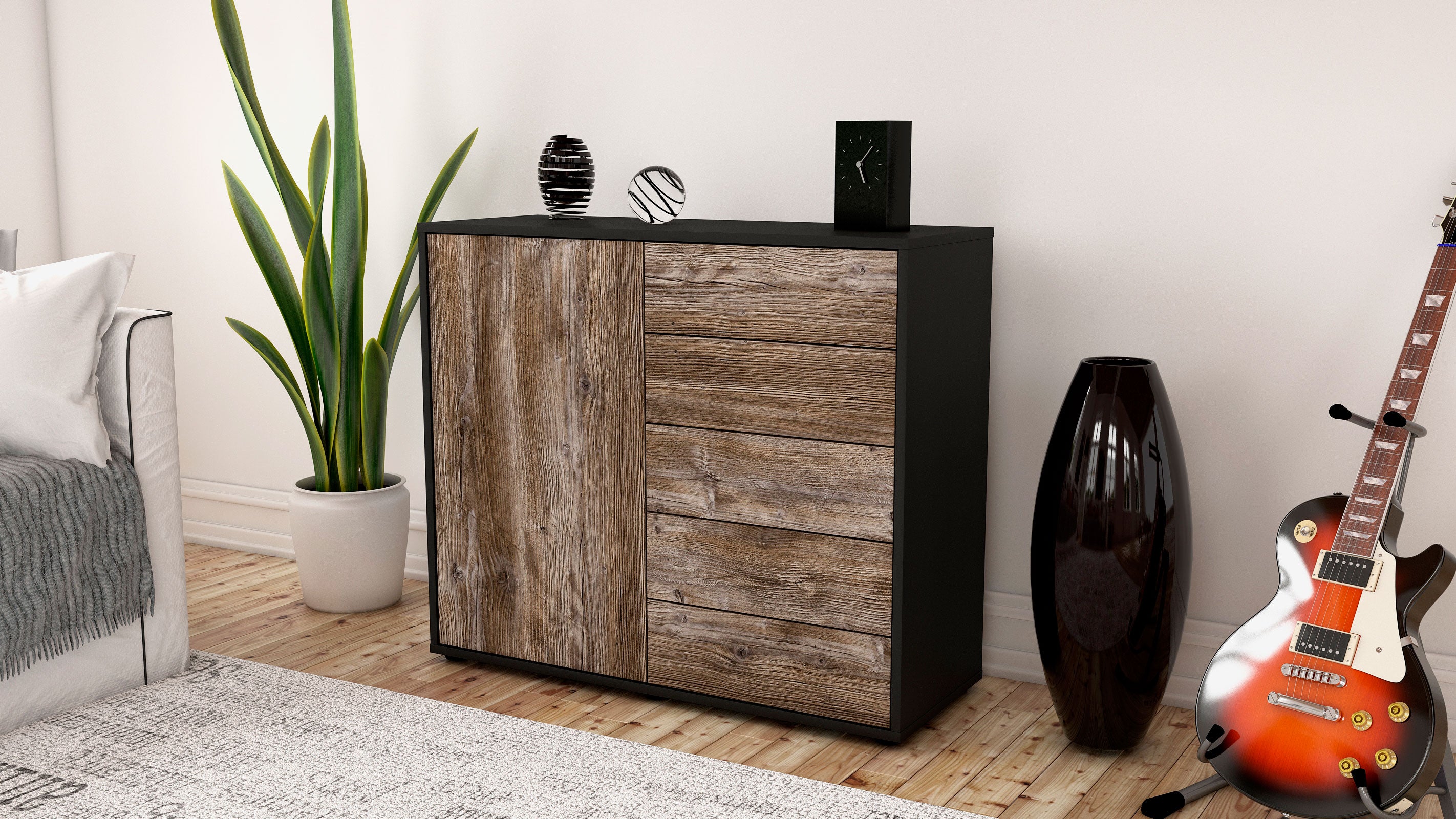 Sideboard - Cecilia - Design Holzdekor - Freistehend mit Push to open  92 cm Anthrazit