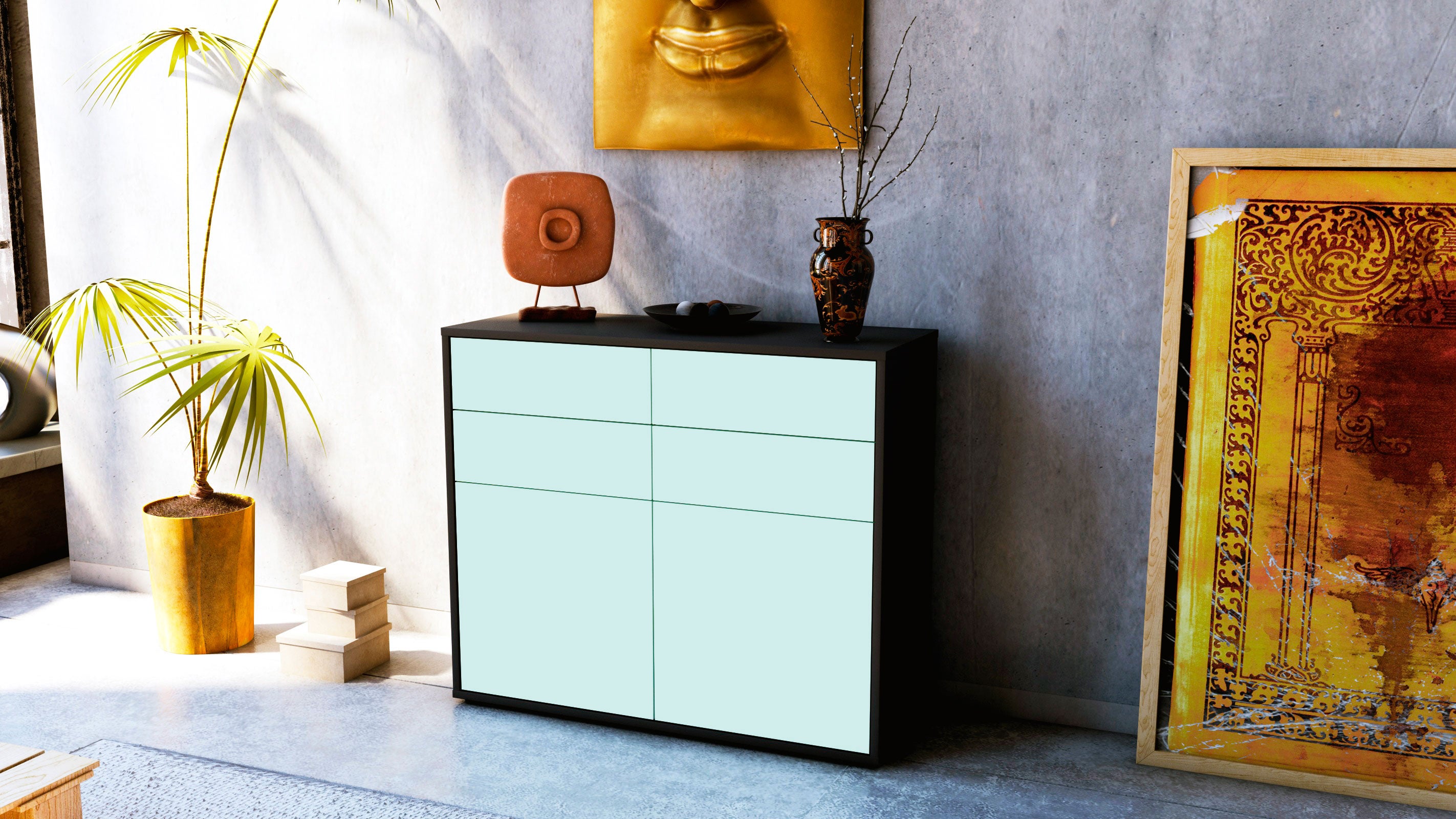 Sideboard - Celia - Design Farbakzent - Freistehend mit Push to open  92 cm Anthrazit