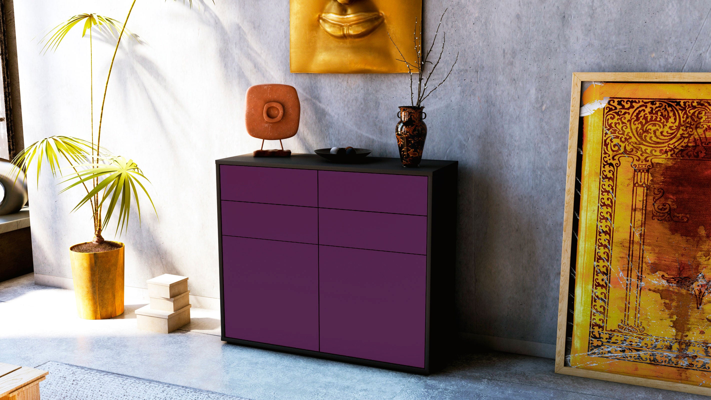 Sideboard - Celia - Design Farbakzent - Freistehend mit Push to open  92 cm Anthrazit