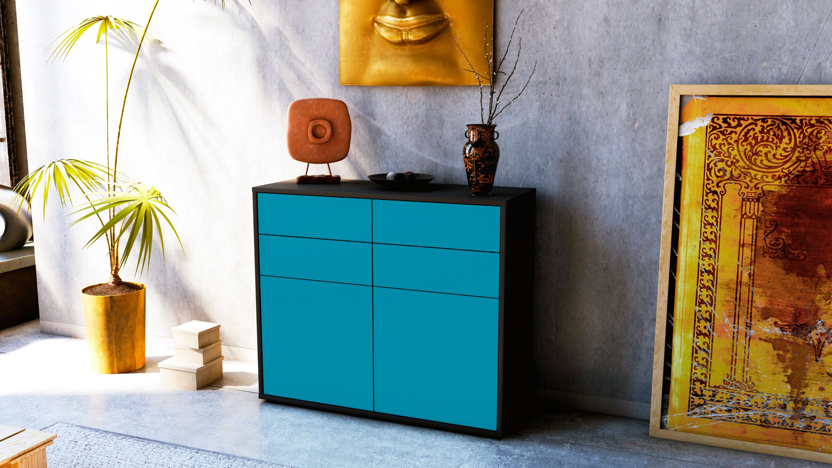 Sideboard - Celia - Design Farbakzent - Freistehend mit Push to open  92 cm Anthrazit