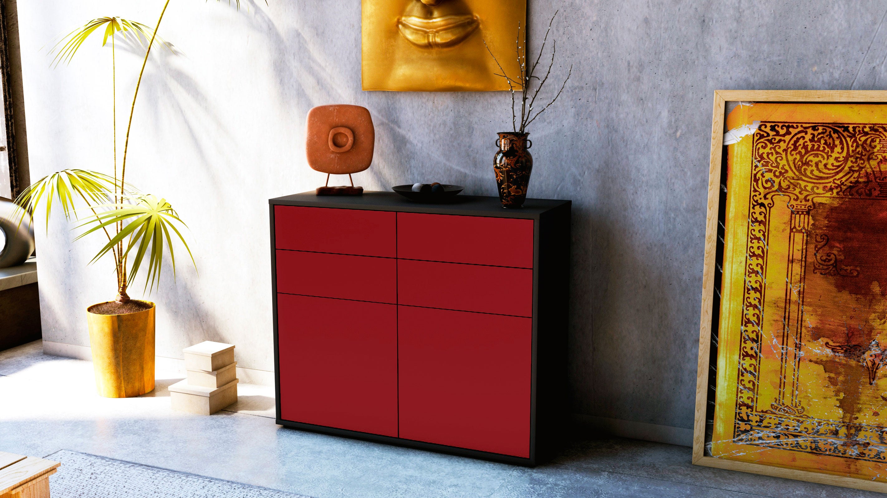 Sideboard - Celia - Design Farbakzent - Freistehend mit Push to open  92 cm Anthrazit