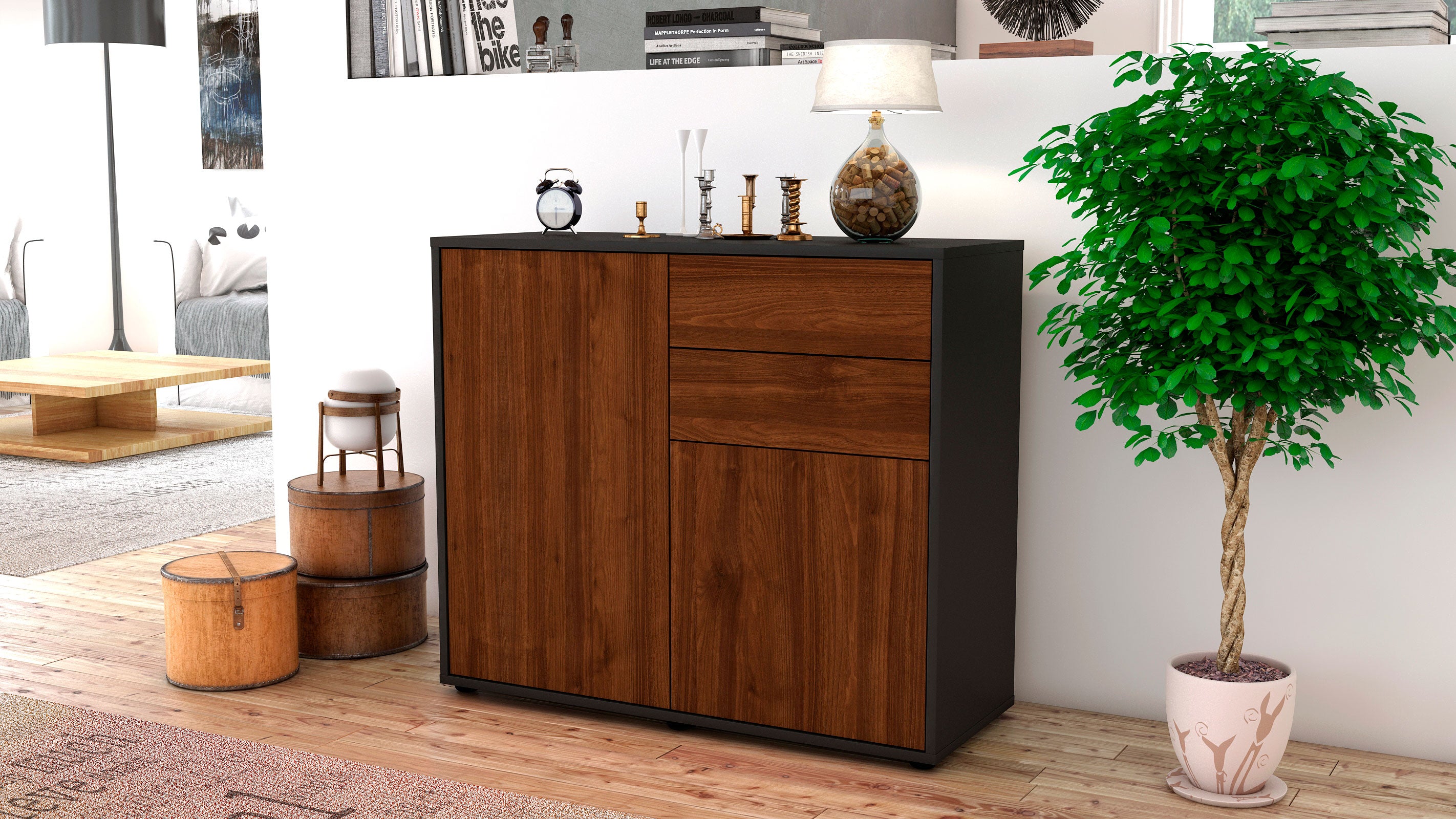 Sideboard - Chantal - Design Holzdekor - Freistehend mit Push to open  92 cm Anthrazit