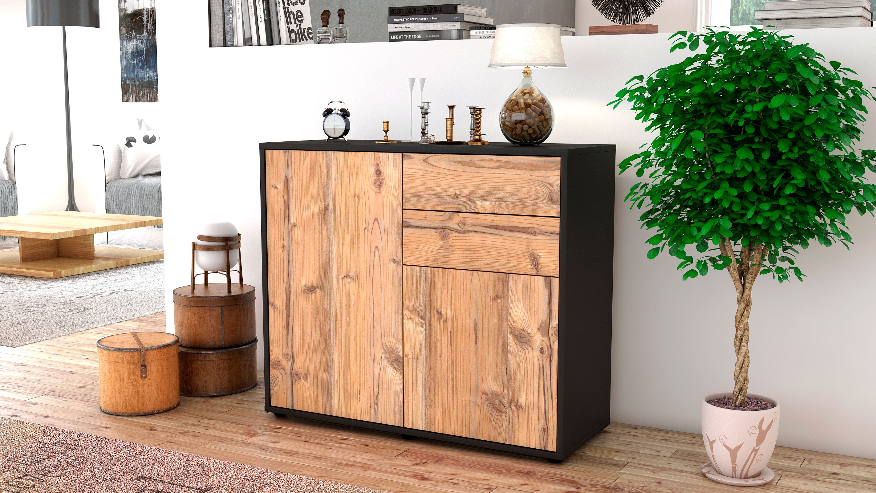 Sideboard - Chantal - Design Holzdekor - Freistehend mit Push to open  92 cm Anthrazit