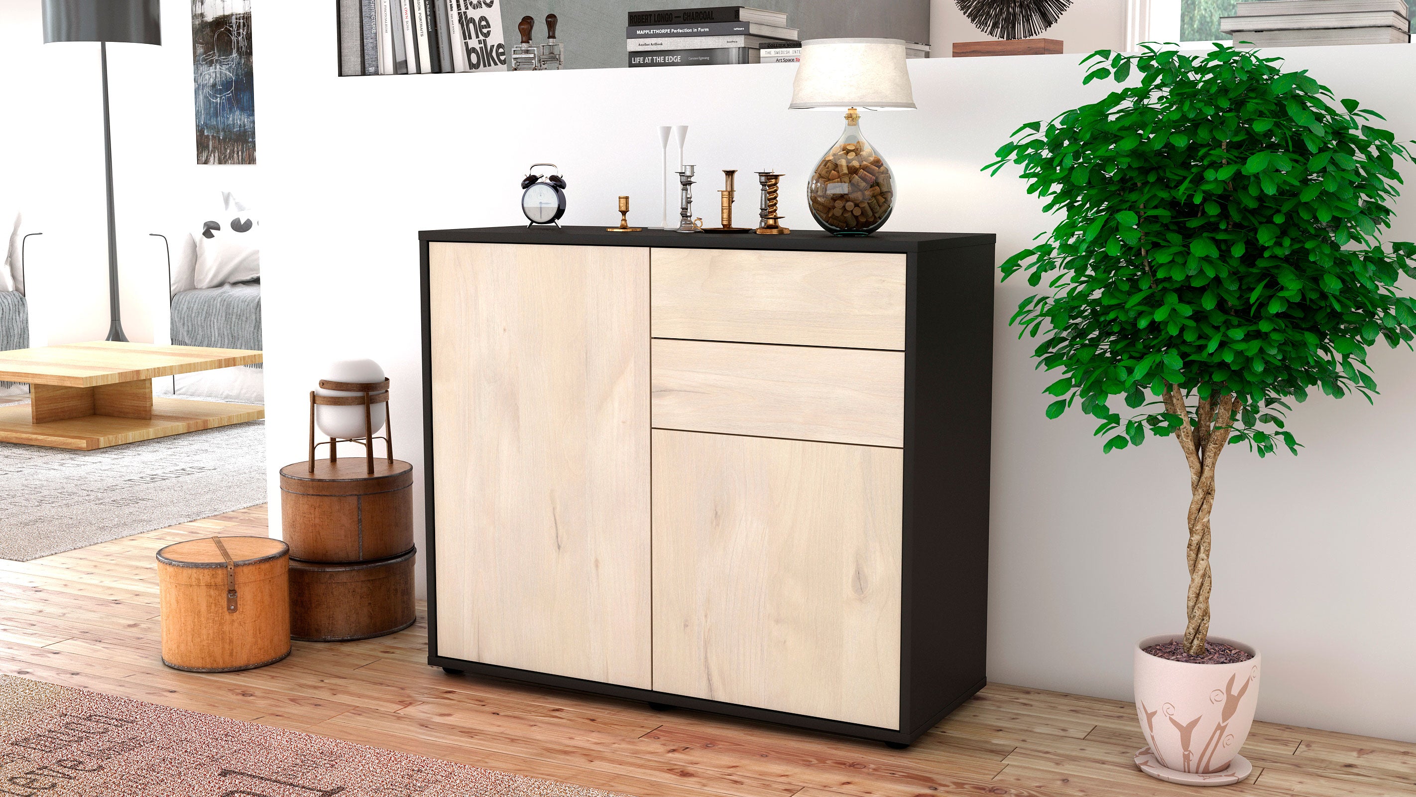 Sideboard - Chantal - Design Holzdekor - Freistehend mit Push to open  92 cm Anthrazit