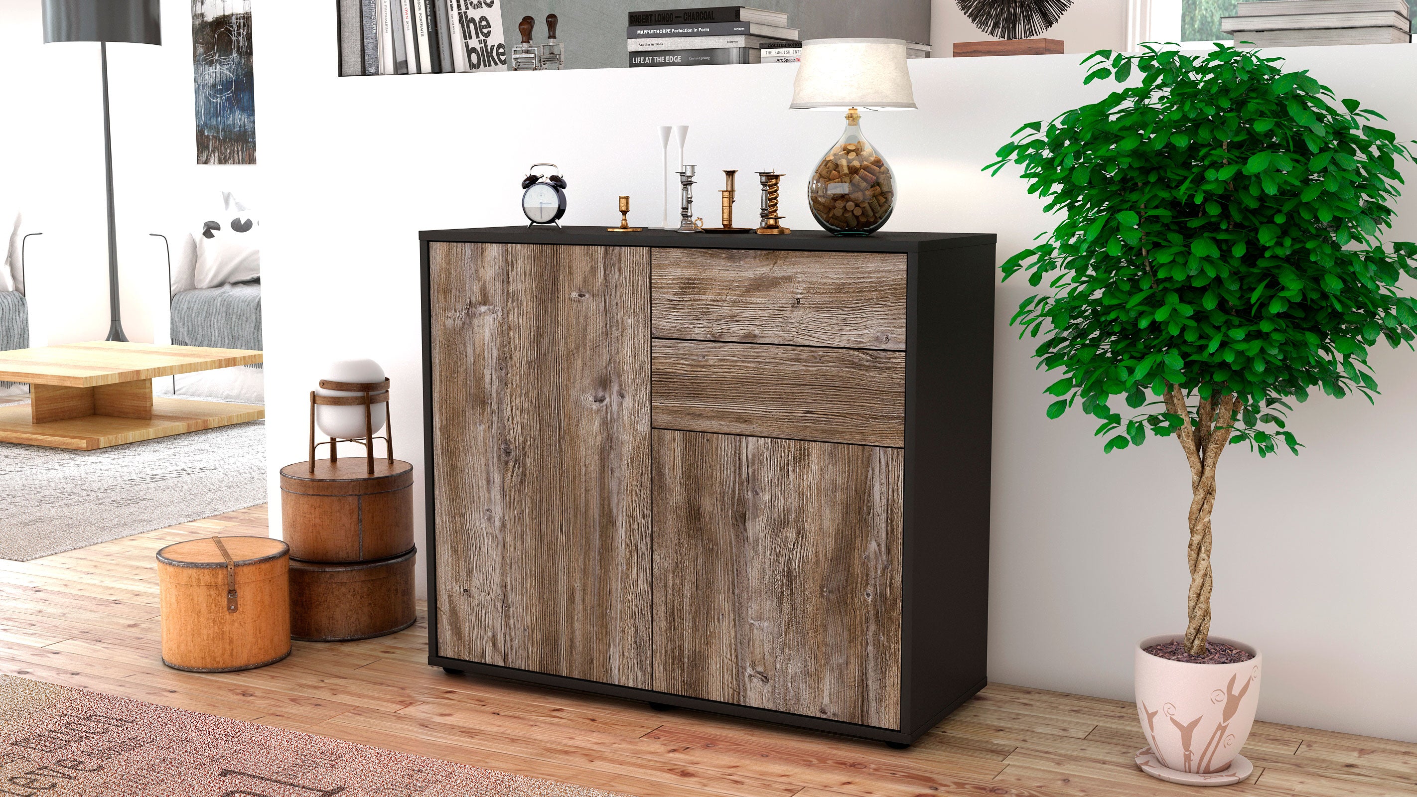 Sideboard - Chantal - Design Holzdekor - Freistehend mit Push to open  92 cm Anthrazit