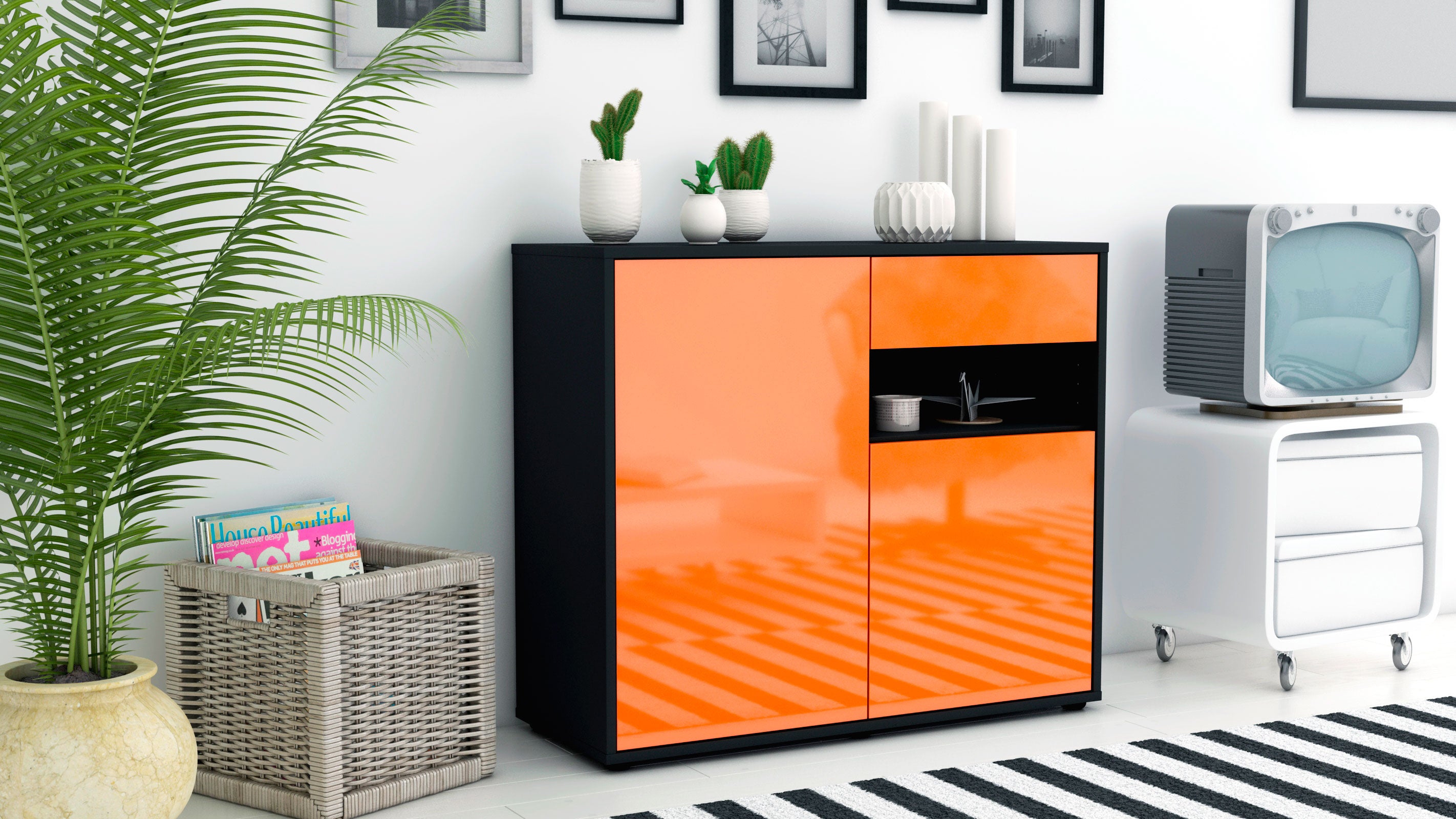 Sideboard - Charlotta - Design Hochglanz - Freistehend mit Push to open  92 cm Anthrazit