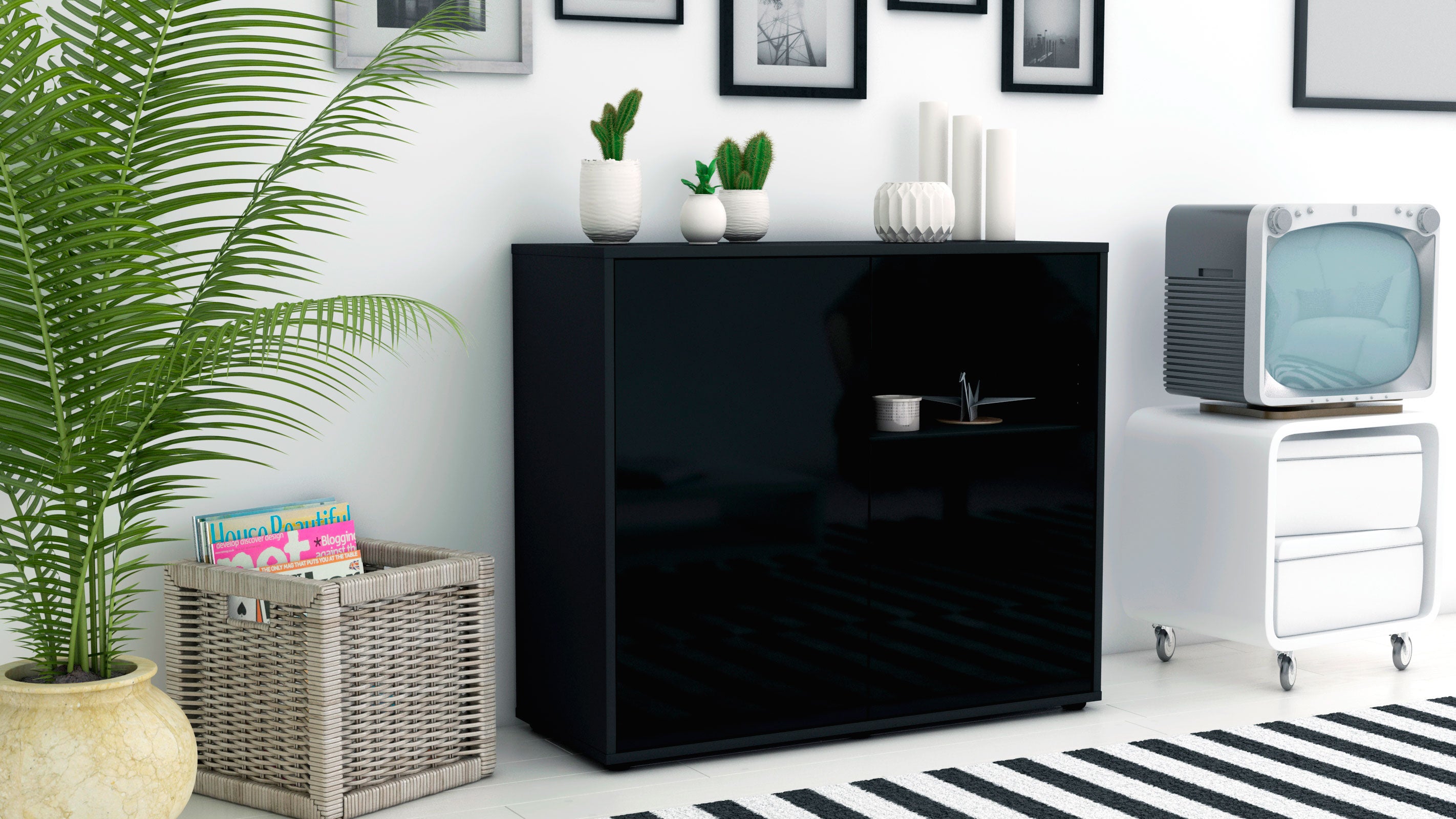Sideboard - Charlotta - Design Hochglanz - Freistehend mit Push to open  92 cm Anthrazit